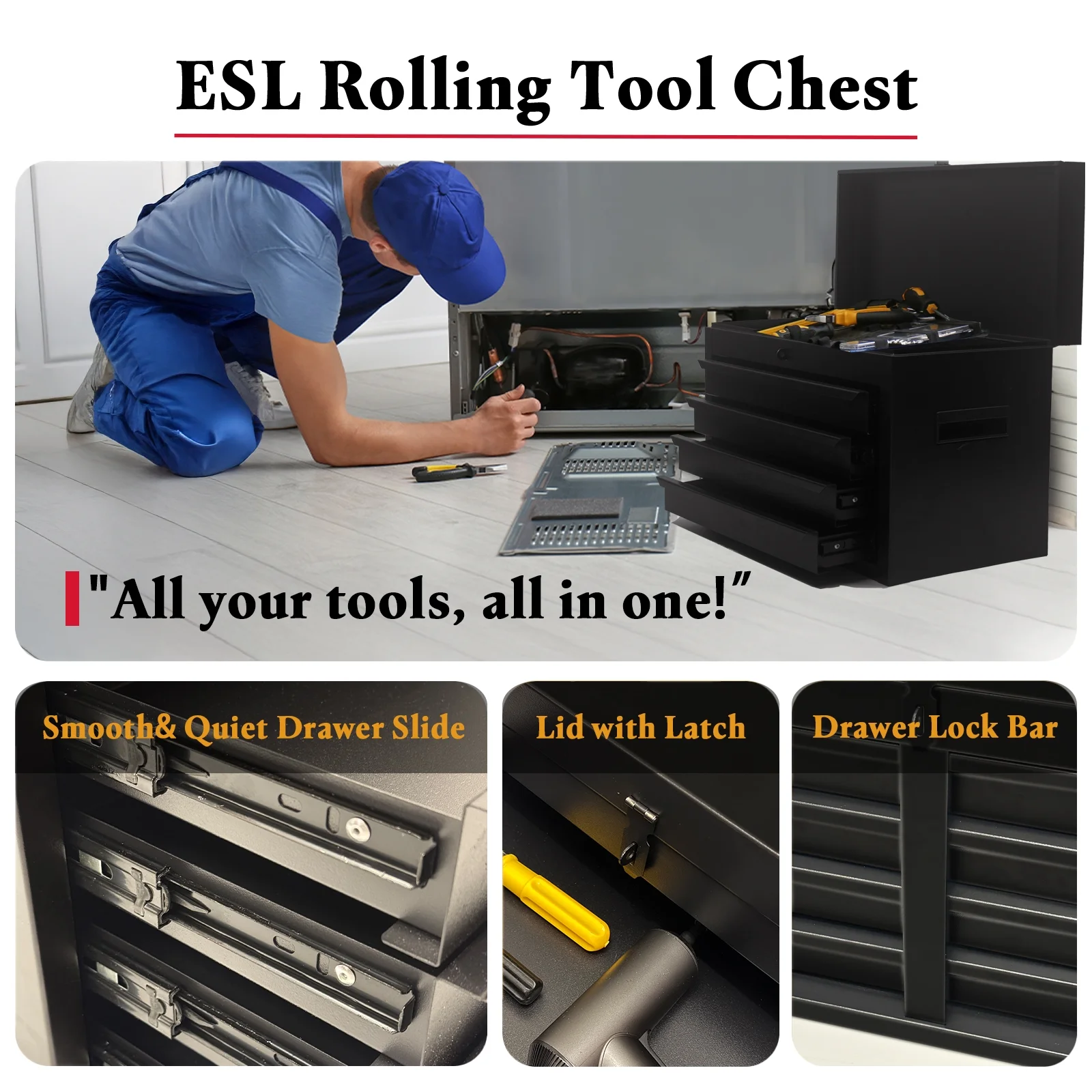 Rolling Tool Chest, 5 Drawers with Big Cabinet, Tool Trolley with 4 Universal Lockable Wheels and Lock Bar, Great Black Tool Cart for Garage Workshop, Sturdy Heavy Duty Tool Storage, Easy Assemble - Image 6