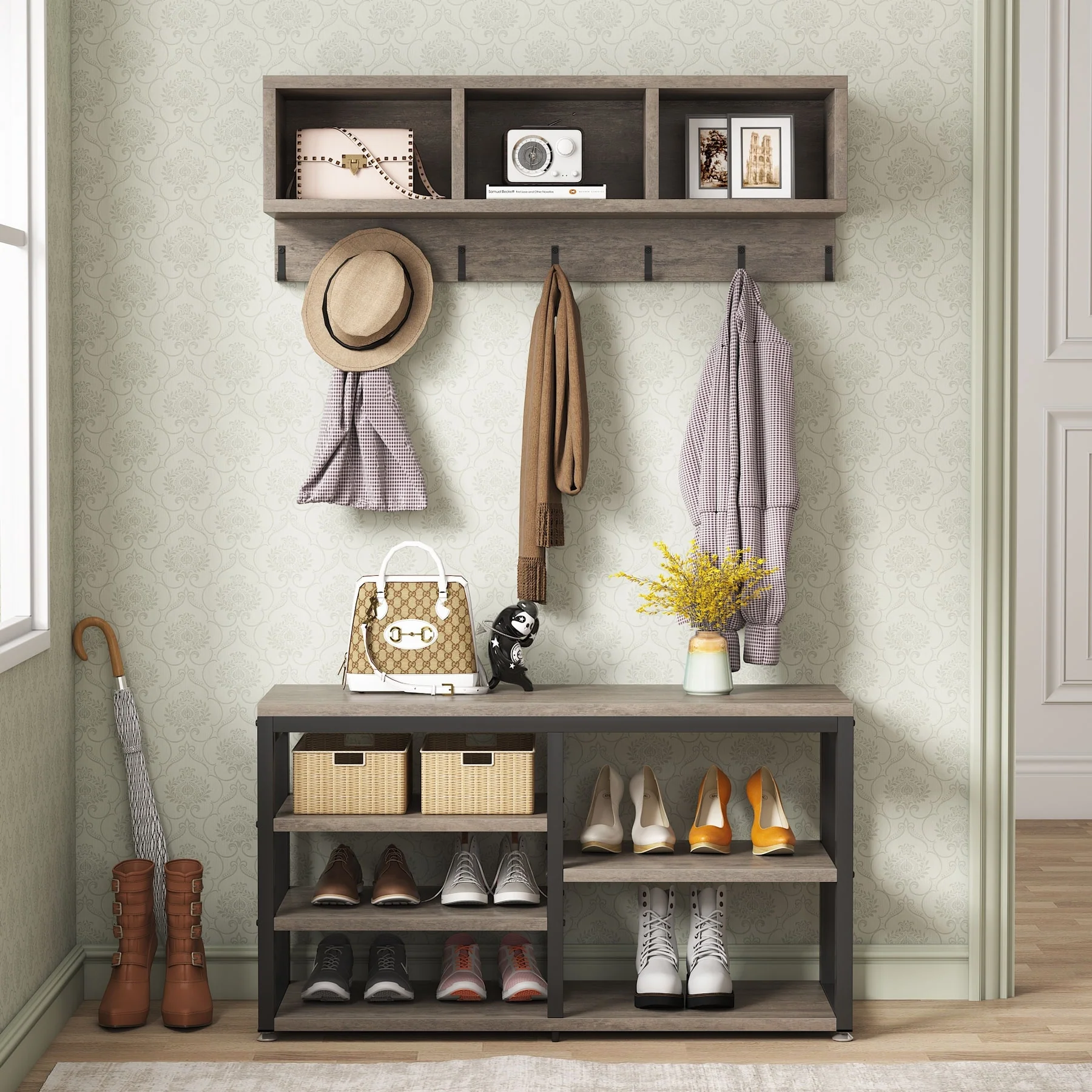 Entryway Coat Rack and Shoe Bench Set, Industrial Hall Tree with Coat and Shoe Storage - Image 4