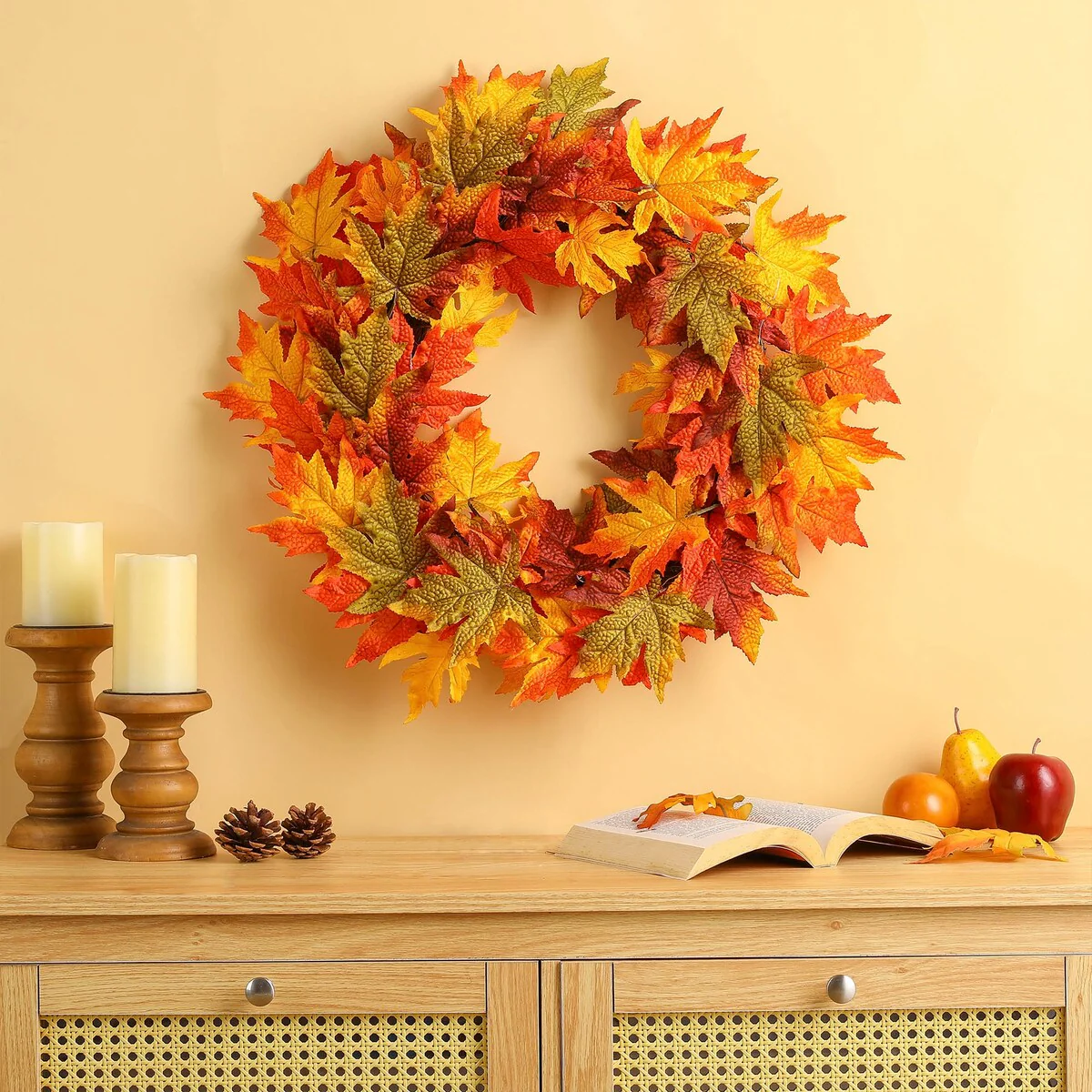 Thanksgiving LED Lighted Fall Maple Leaf Wreath and Garland - Autumn Home Decor - Image 7