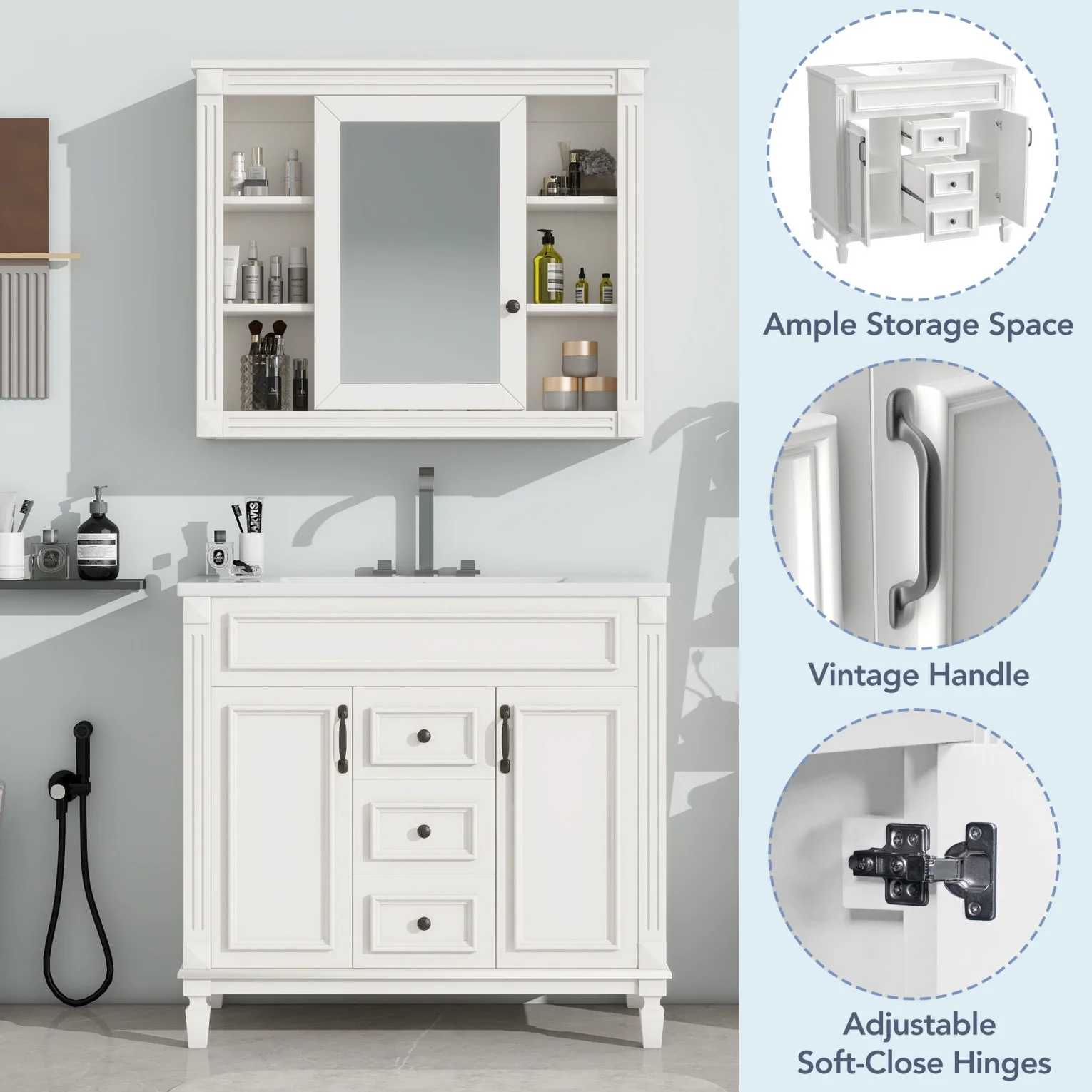 Modern Bathroom Furniture Set, 36" Bathroom Vanity with Top Sink, 35" Wall Mounted Bathroom Storage Cabinet, Mirror Cabinet with 6 Shelves, Storage Cabinet with 2 Doors and 2 Drawers, Grey - Image 21