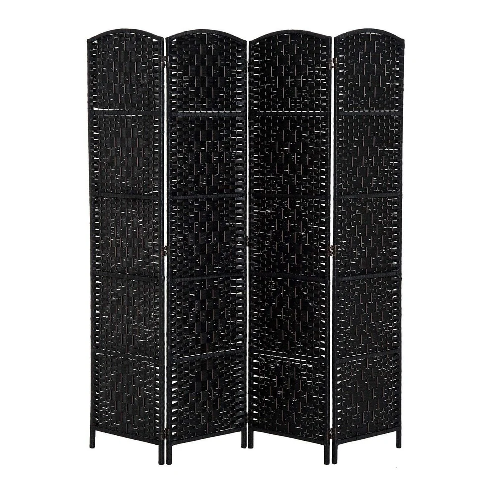 6 Ft Tall Four-Panel Wicker Weave Room Divider, Black Wood Privacy Screen