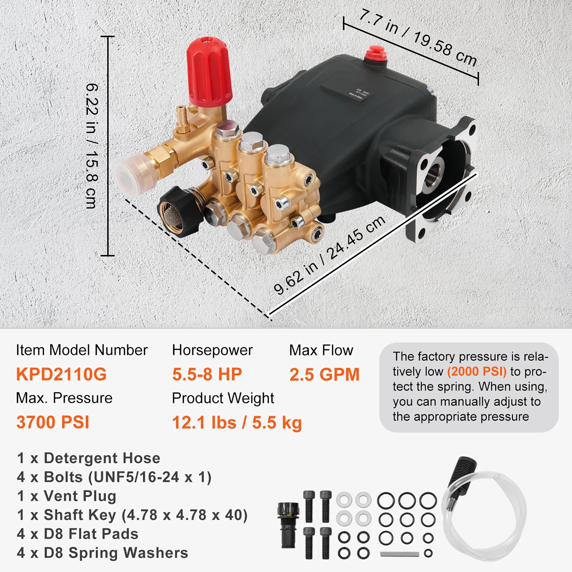 KFFKFF Pressure Cleaning Pump, Triplex Plunger with 3/4" Shaft, 3700 PSI, 2.5 GPM, Substitute Power Cleaning Pumps Set, Component Cleaning Pump, Fits Simpson MorFlex Models 40224, 40225, 40226 - Image 9