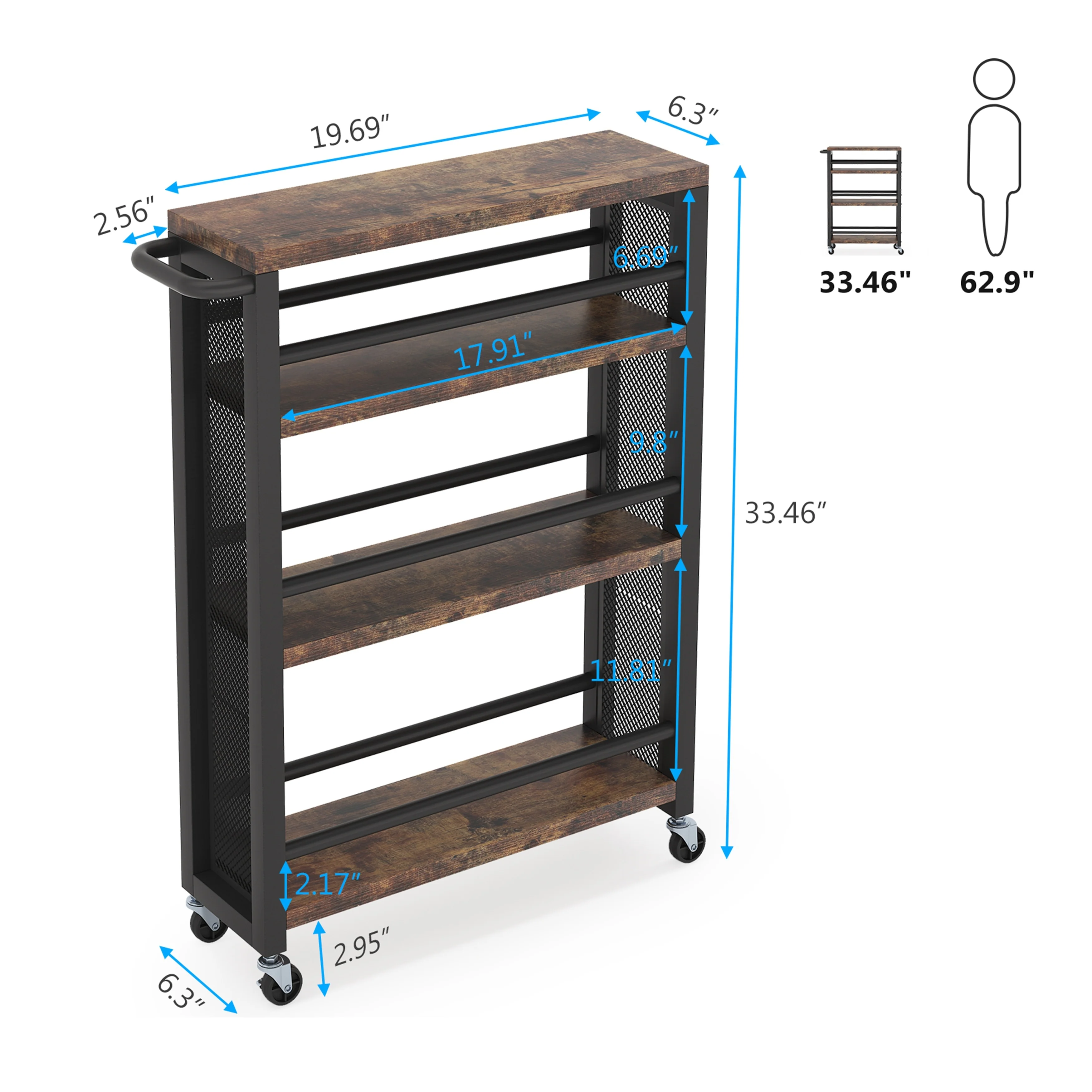 Brown 4-Tier Rolling Kitchen Storage Cart, Narrow Slim Utility Trolley with Wheels and Handle - Image 6