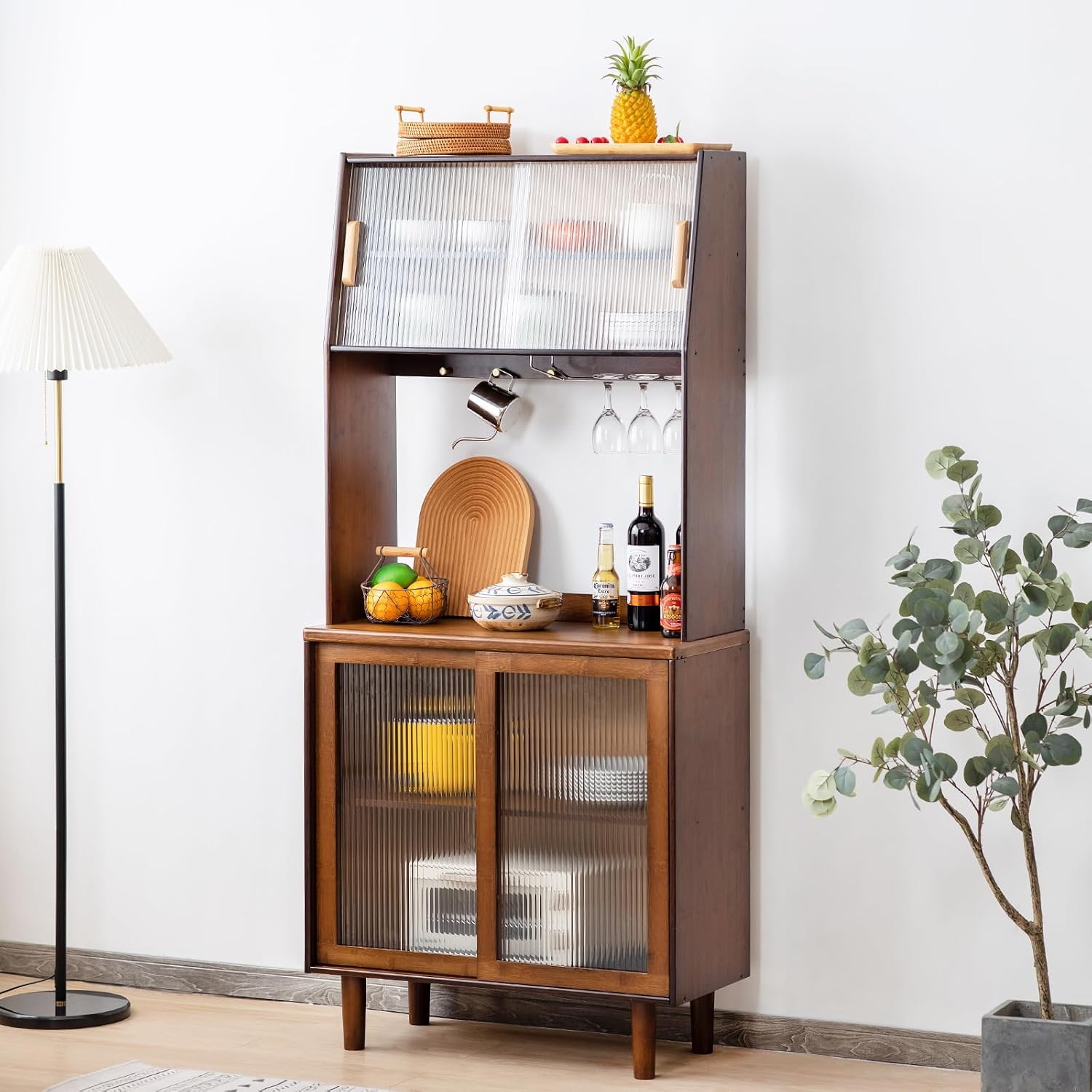 Bamboo Sideboard Buffet Cabinet, Rattan Kitchen Storage Cabinet, Boho Coffee Bar Tables for Kitchen Living Room Hallway Office, Walnut - Image 3
