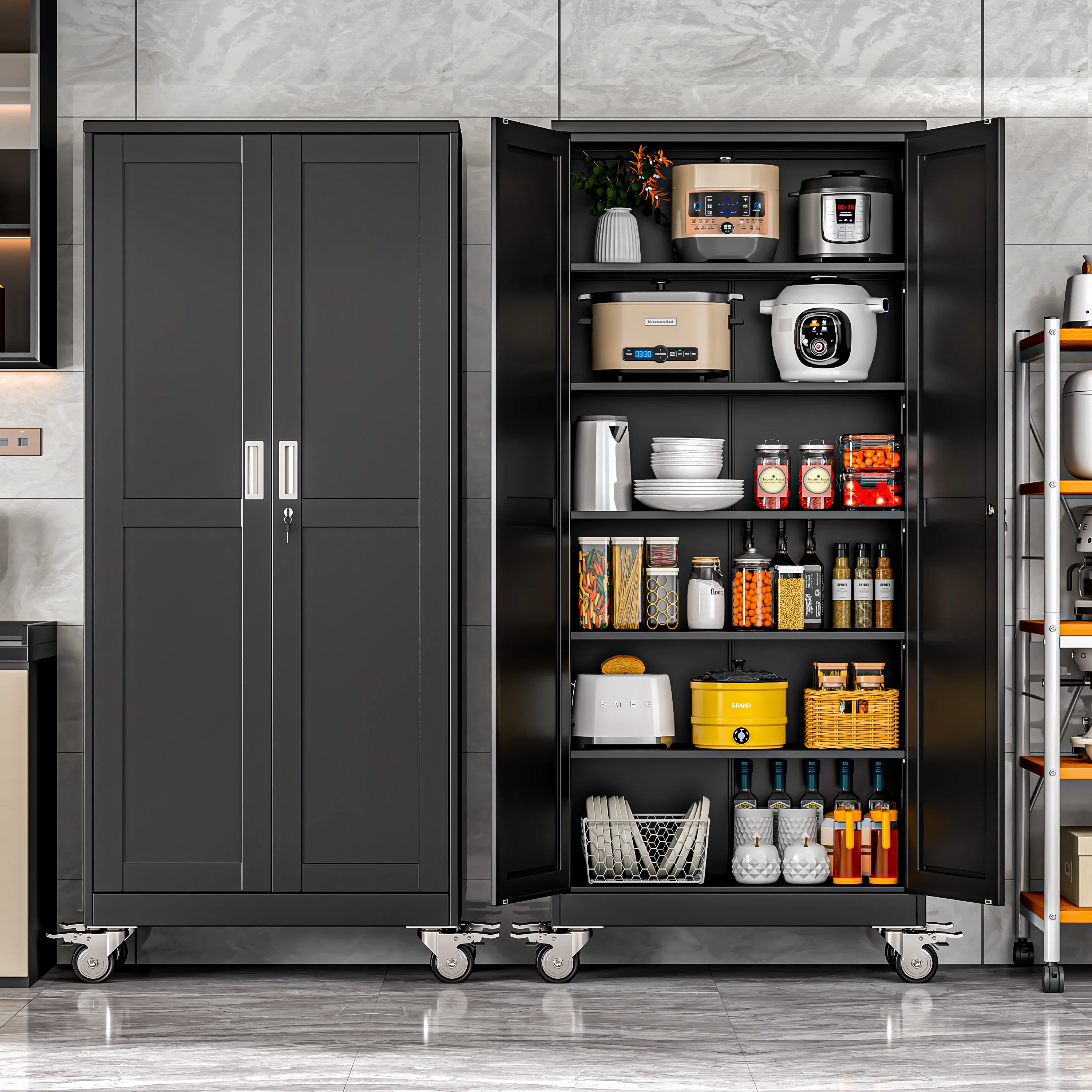 Erosoei 75"H Metal Garage Storage Cabinet with Wheels, Tool Storage Cabinet with 5 Adjustable Shelves - Image 10