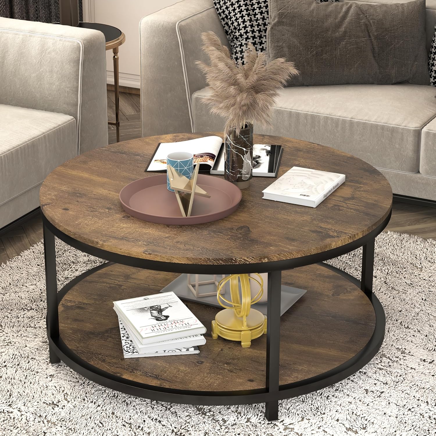 Round Coffee Table, 36" Coffee Table for Living Room, 2-Tier Rustic Wood Desktop with Storage Shelf, Modern Design Home Furniture (Light Walnut) - Image 8