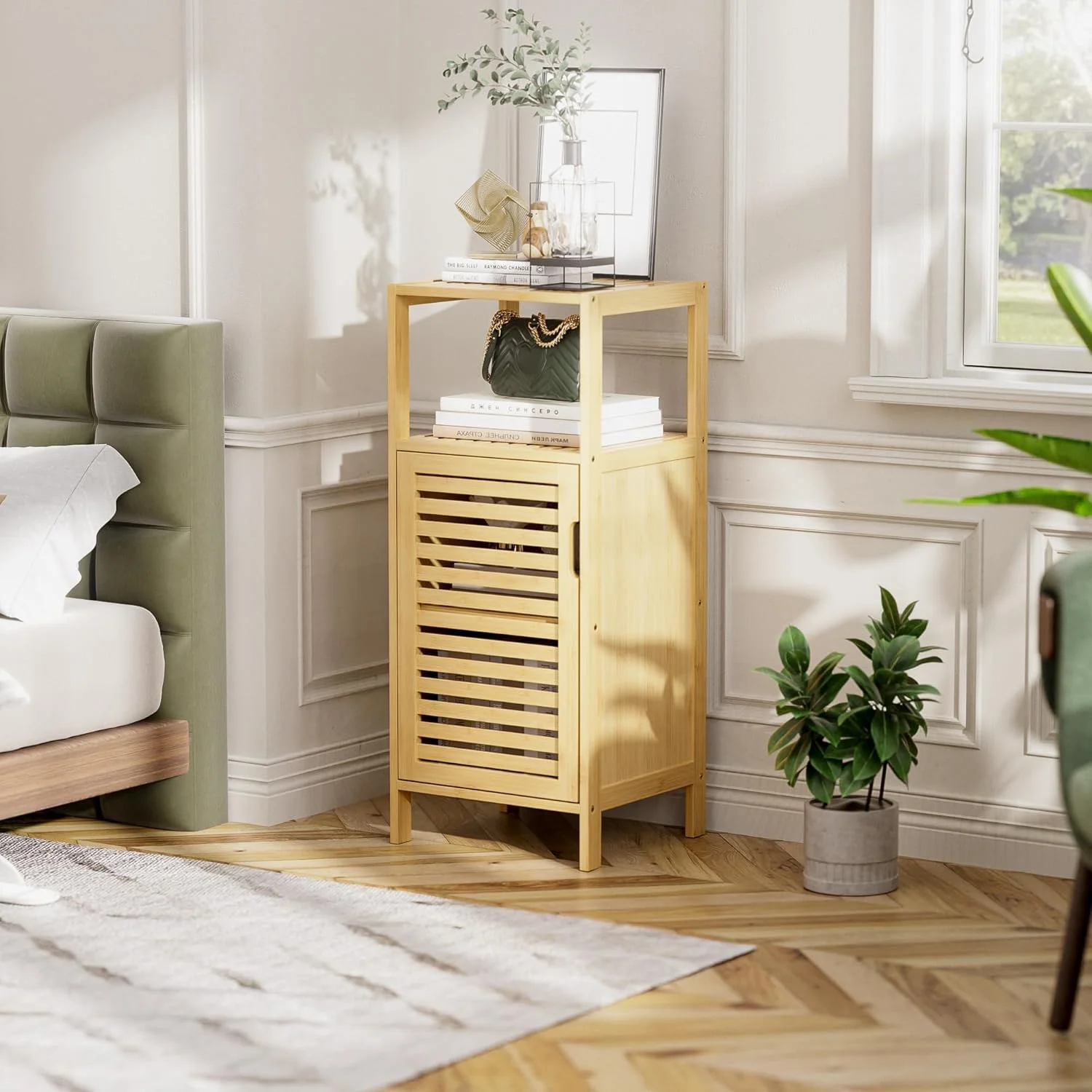 Bathroom Cabinet, Bamboo Floor Cabinet Free Standing, 4 Tier Sofa Side Storage Cupboard for Living Room Kitchen Bedroom - Image 2