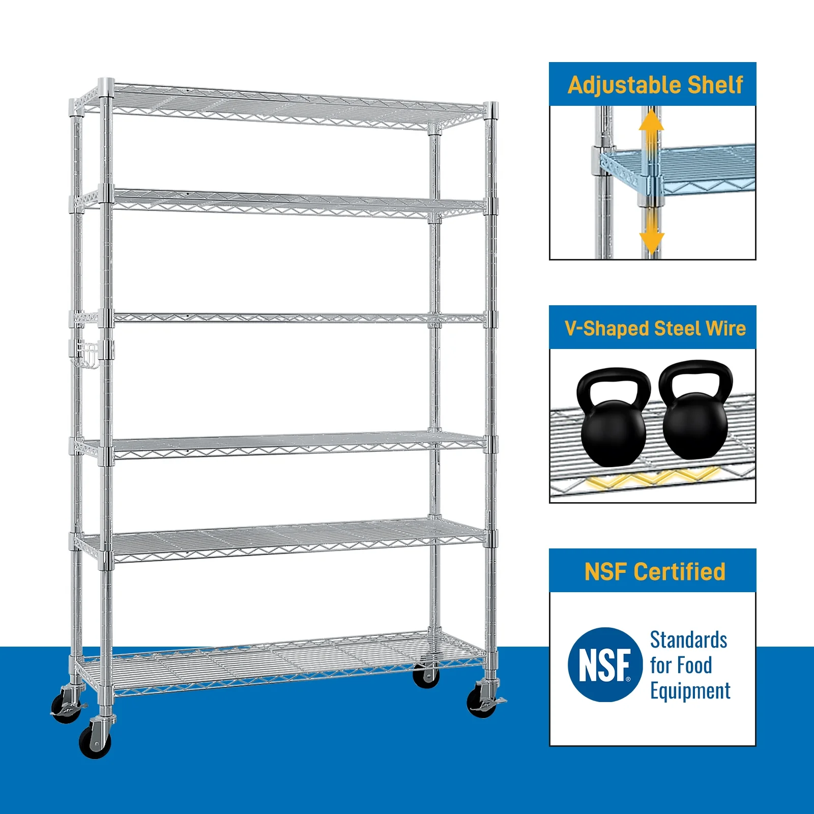 HiiKaa UltraDurable Heavy Duty NSF Solid Steel Wire Rack Storage Unit with Wheels,6-Tier Shelving for Kitchen,Storage Room,Silvery - Image 4