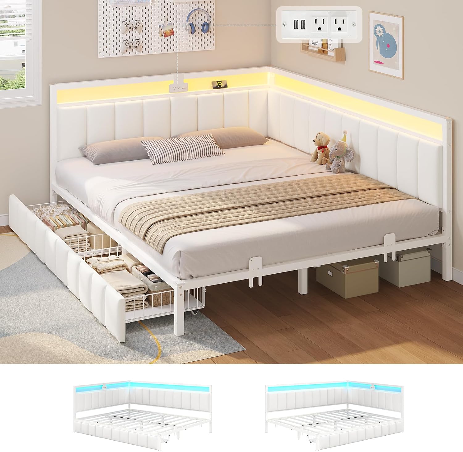 Corner Bed Frame with Storage Drawers, Twin Daybed with Line Fabric Upholstered Fence, Kids Bed Unit with LED Light and Charging Station, Modern Bed Frame Twin Size, Beige - Image 8