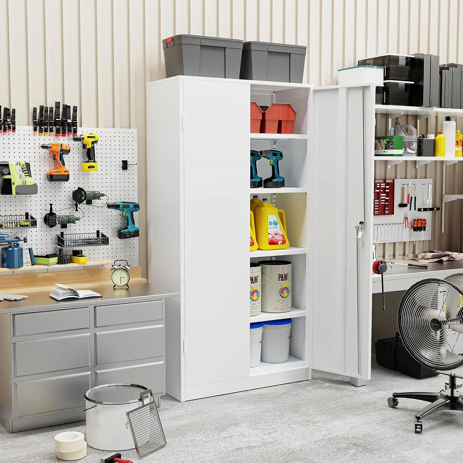 SUNCROWN Metal Storage Garage Cabinets with Locking Doors and Adjustable Shelves, Steel Storage Cabinet for Garage, Office, Classroom, Assemble Required(White) - Image 7