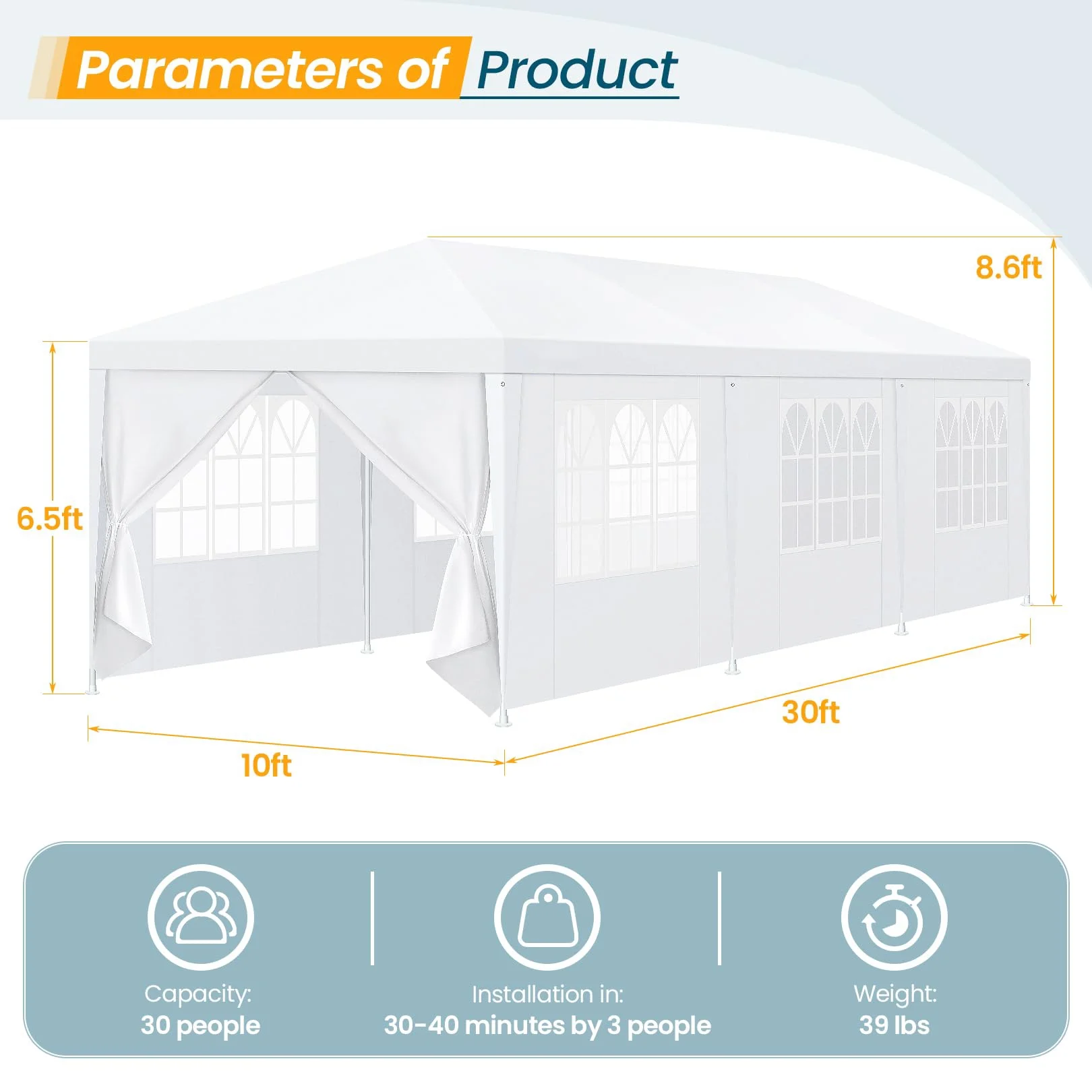 Hoteel Party Tent 10x20 Canopy Tents for Parties with 4 Removable Sidewalls, Patio Camping Gazebo, Portable Tent for Parties, Weddings, BBQ, Waterproof, White - Image 11