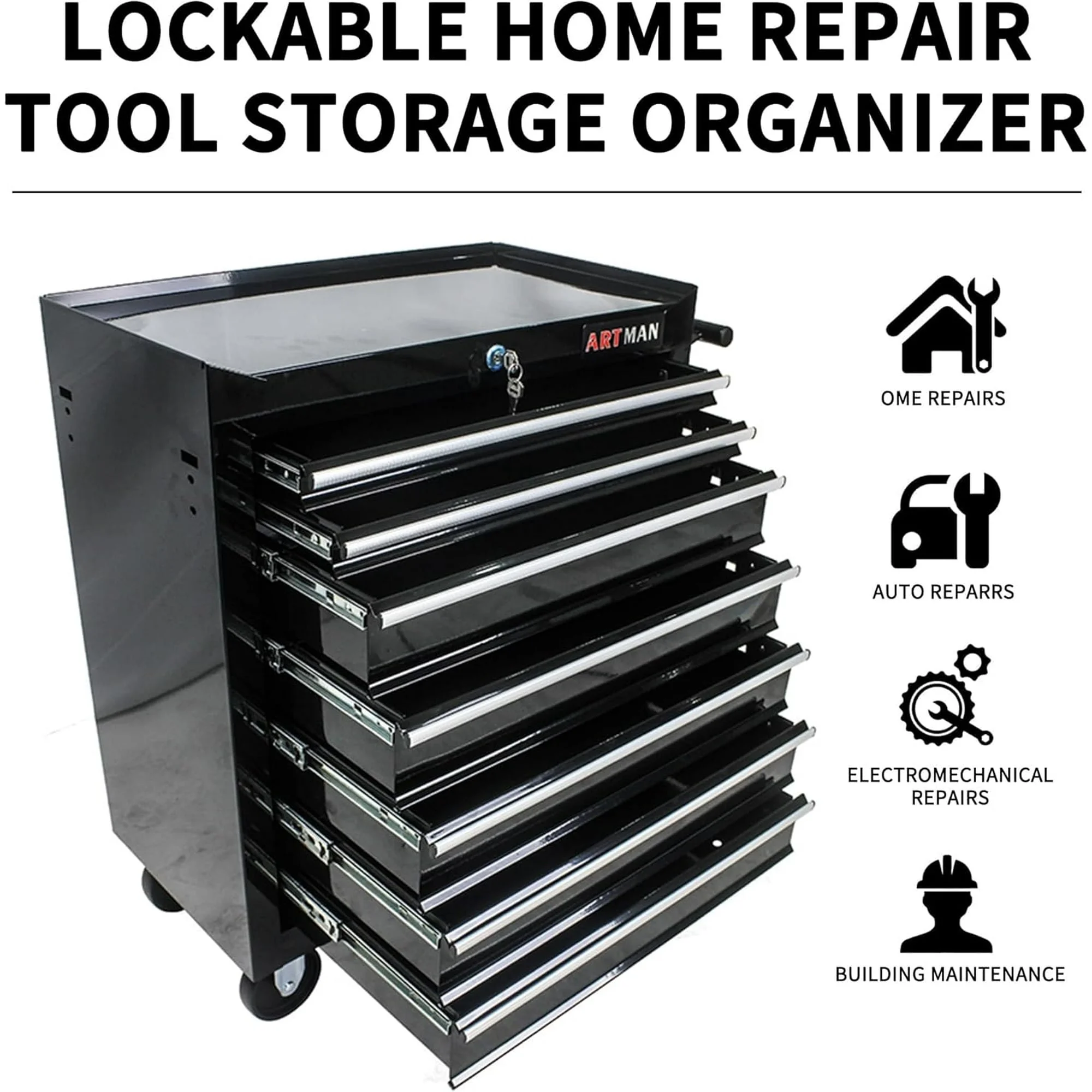 POVANLI 7-Drawer Rolling Tool Chest with Wheels Multifunctional Tool Chest Portable Tool Storage Cabinet with Locking System for Garage Workshop Warehouse Repair Shop - Image 16