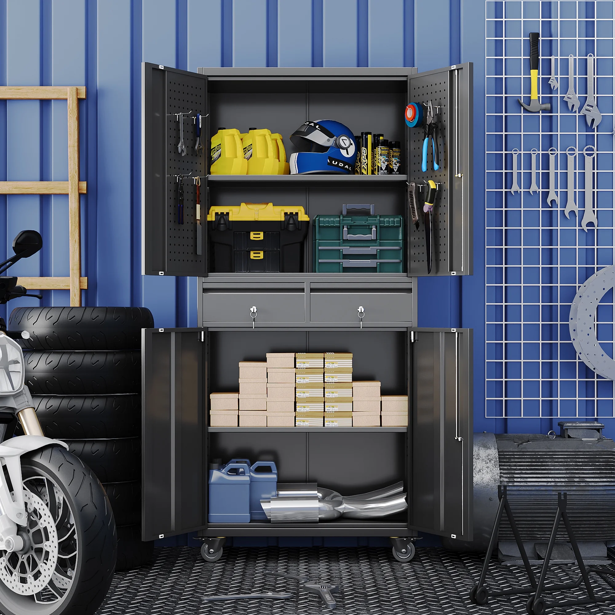 Gaeanet Rolling Tool Storage Cabinet with 5 Adjustable Shelves and Pegboard,Metal Garage Storage Cabinet with Wheels for Garage Home Office Utility Room,71" H-32" W-16" D,Required Assembly, Black - Image 57