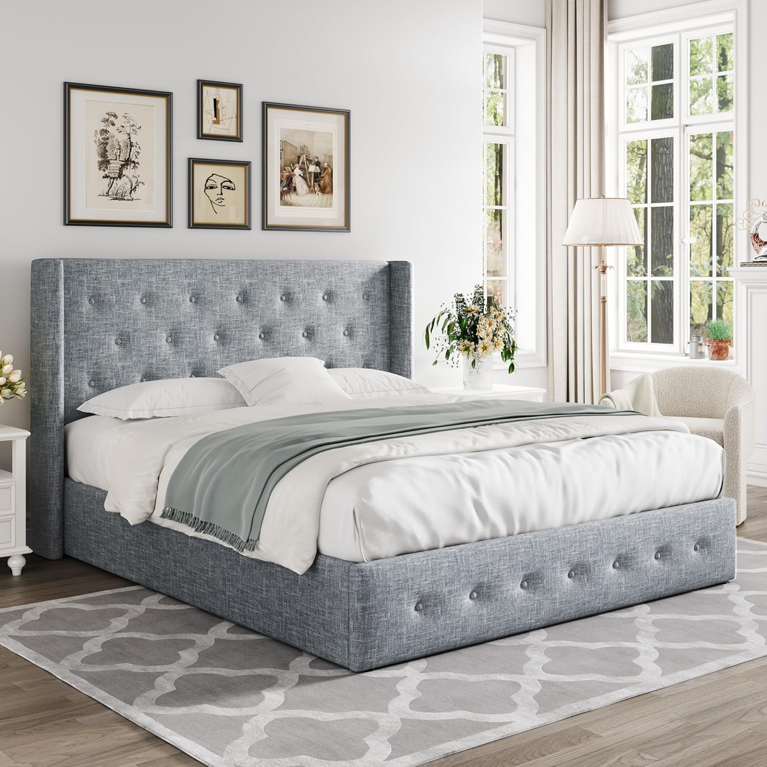 Queen Size Lift Up Storage Bed with Wingback Headboard, Upholstered Platform Bed Frame with Hidden Storage - Image 192
