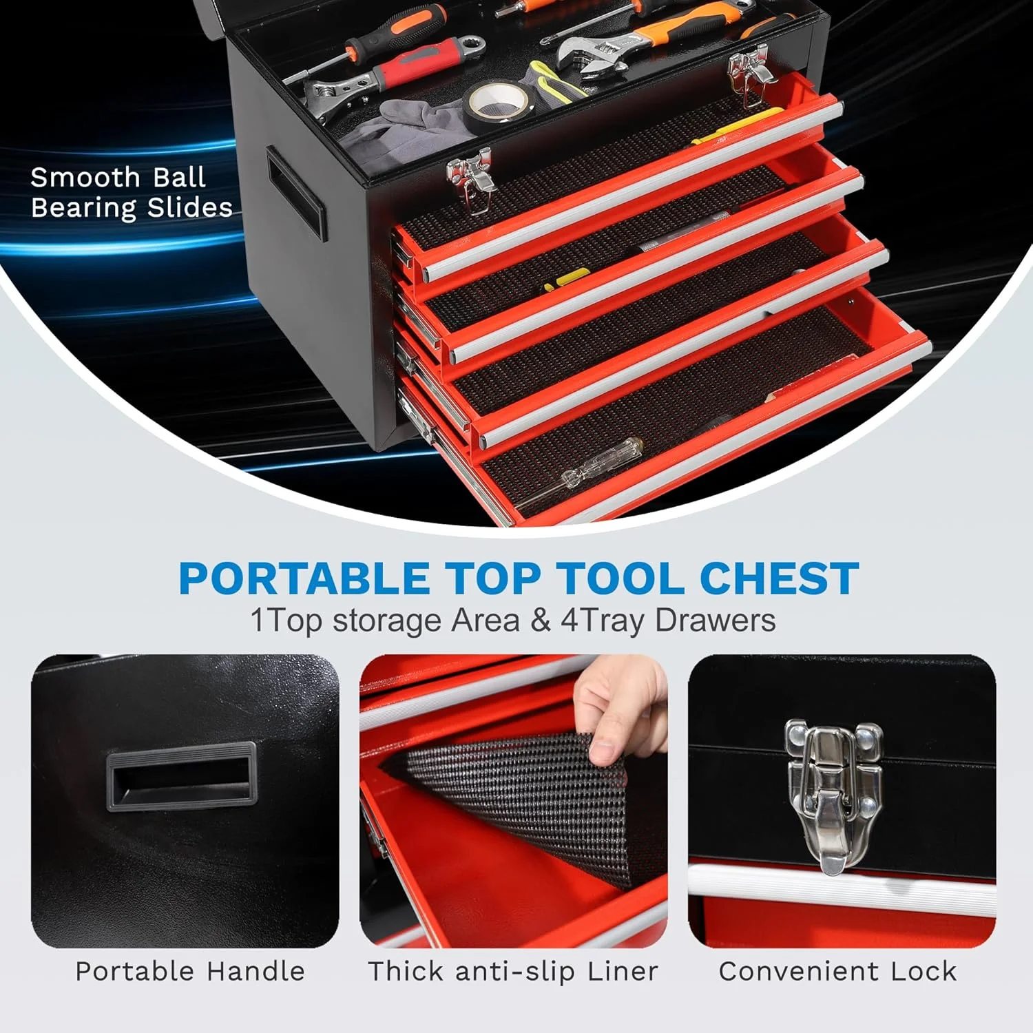 Rolling Tool Box, 5 Drawer Tool Chest with Wheels, Tool Box Organizer with Detachable Top, Lockable Drawers & Sliding Storage for Garage & Workshop - Image 7