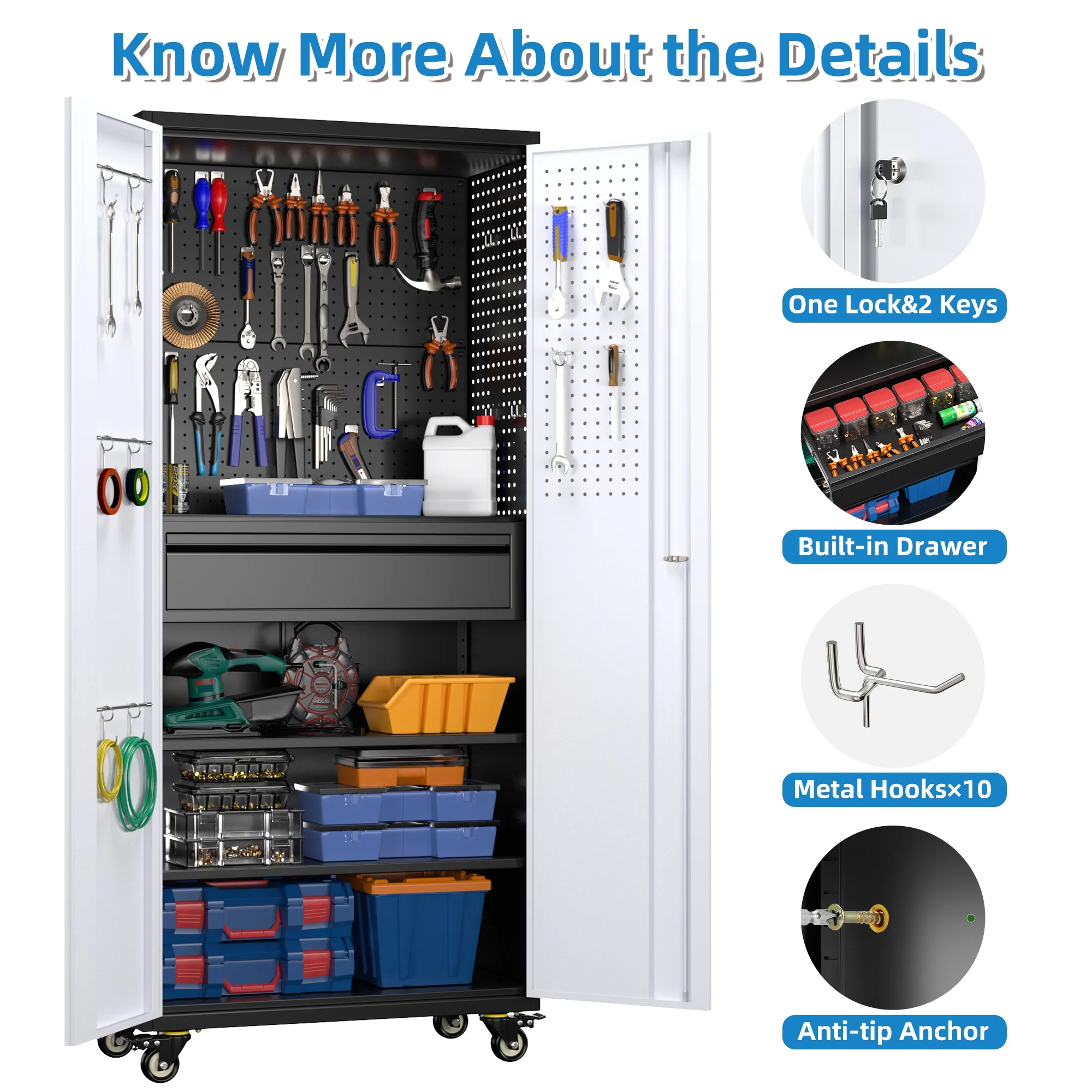 SUPEER 71" Metal Storage Cabinets with Wheels and Pegboards, Industrial Cabinet with 2 Drawers and 2 Adjustable Shelves,, Assembly Required - Image 42
