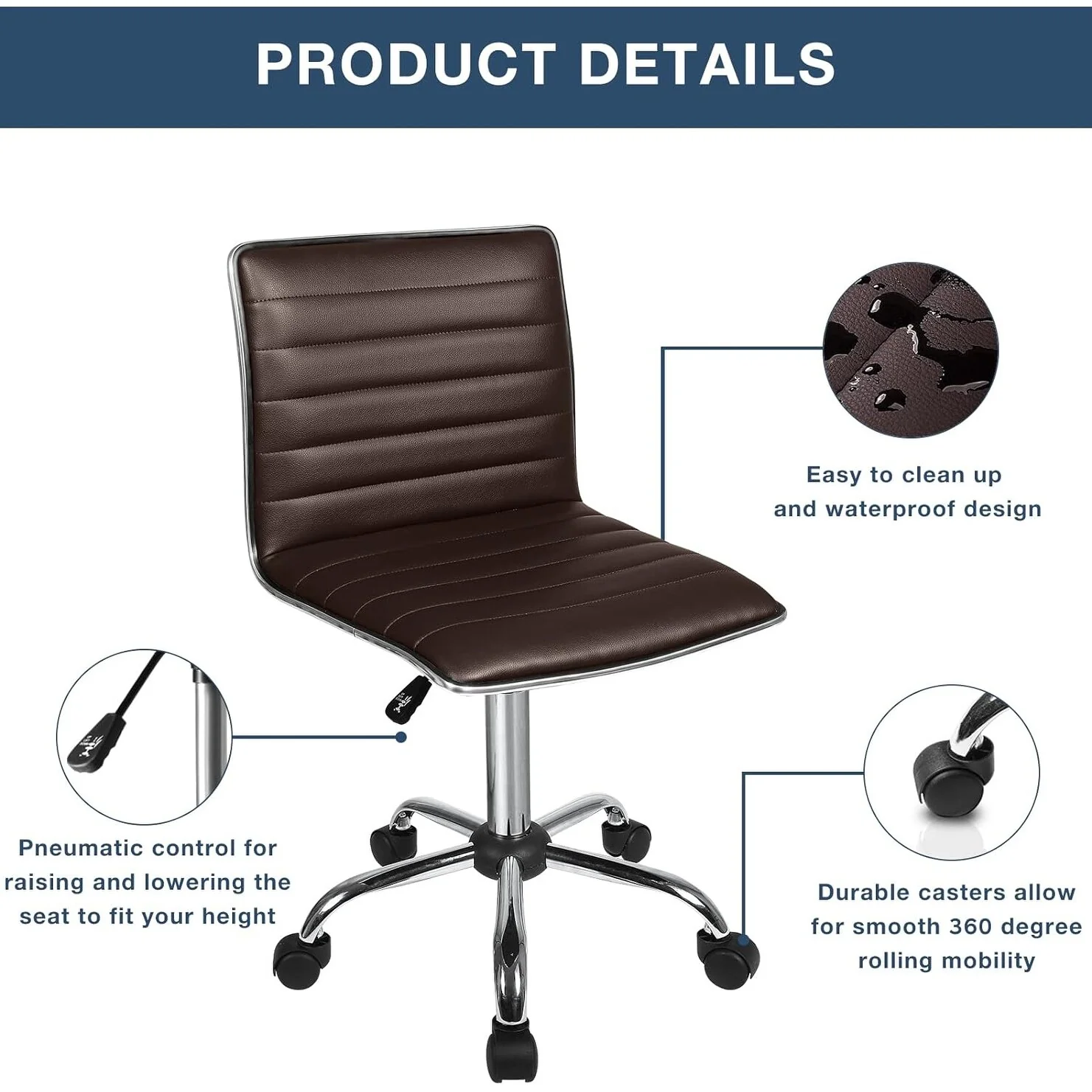 Adjustable Mid-Back Armless Swivel Office Chair, Ribbed Task and Vanity Chair for Small Spaces - Image 20