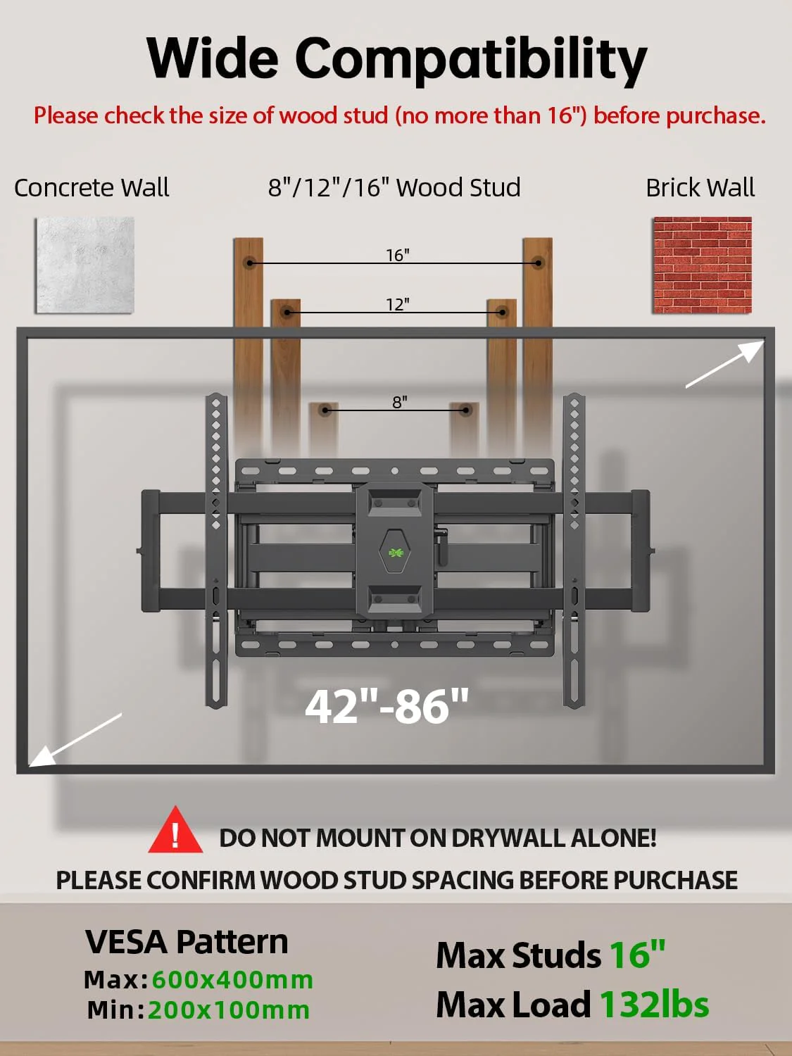 Full Motion TV Wall Mount for Most 42-86 Inch Flat Screen TVs, Adjustable Swivel and Tilt Bracket - Image 2