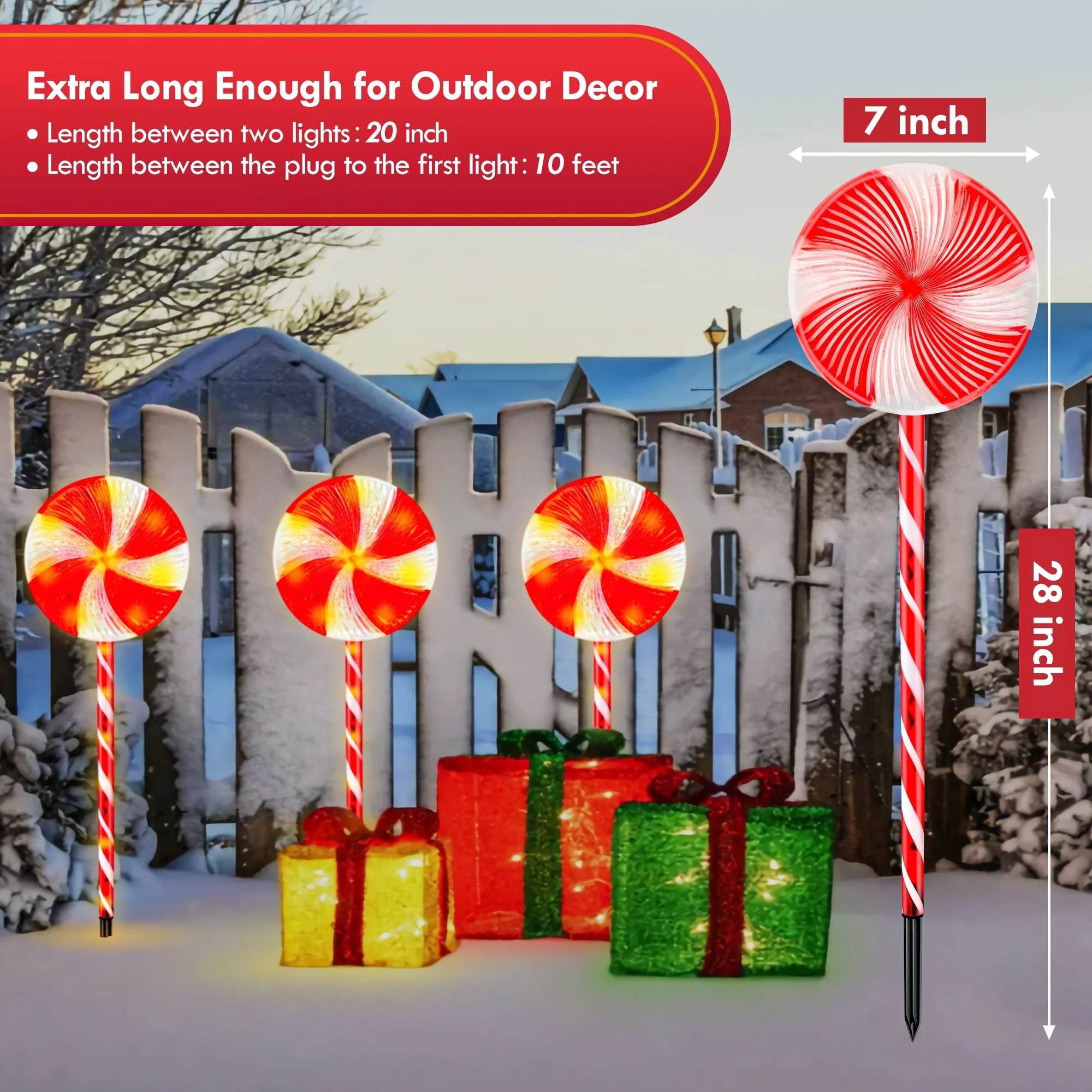 Set of 3 28inch Christmas Pathway Light Lollipop 8 Lighting Modes Flickering Candy Marker Waterproof Outdoor Christmas Decor Light - Image 3