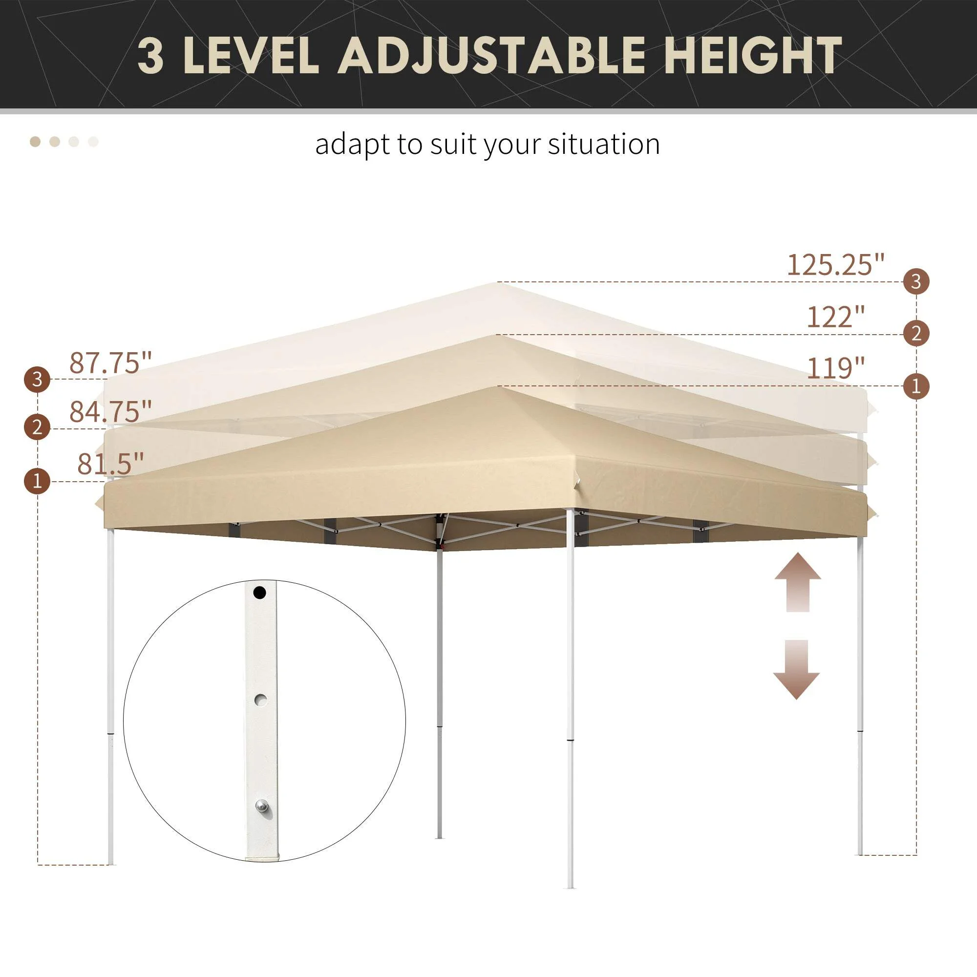Outsunny 13' X 13' Pop Up Canopy Tent, Instant Sun Shelter, Tents For Parties, Height Adjustable, With Wheeled Carry Bag For Outdoor, Garden, Patio, Parties, Beige Beige Steel - Image 3