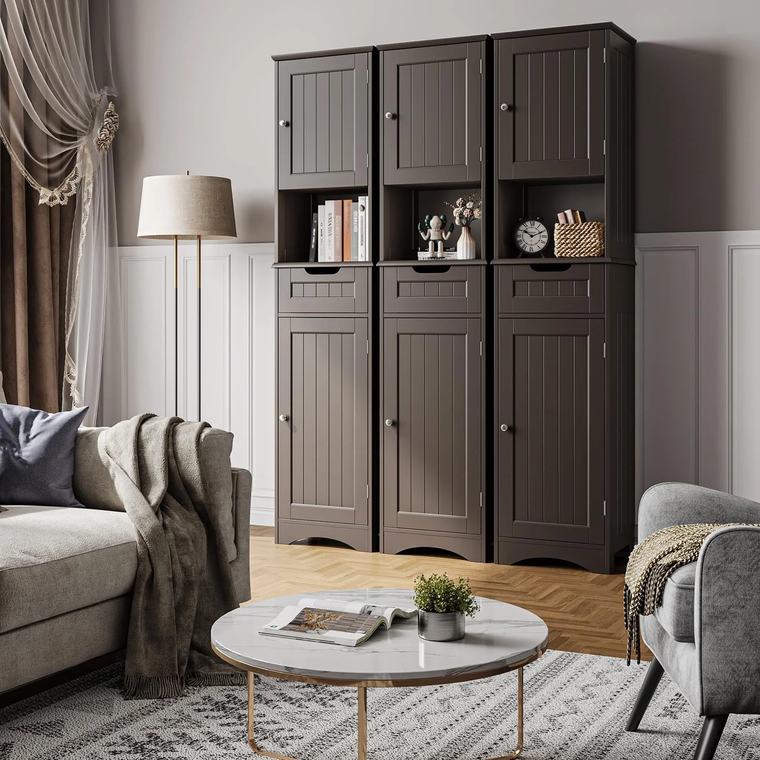 67 Inch Tall Narrow Bathroom Linen Cabinet, 5-Tier Solid Wood Freestanding Storage Cabinet - Image 9