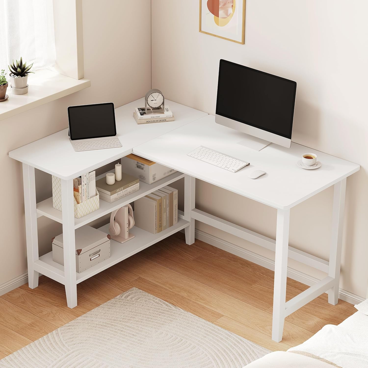 45" Reversible L-Shaped Office Desk with Storage Shelves, Walnut - Image 2