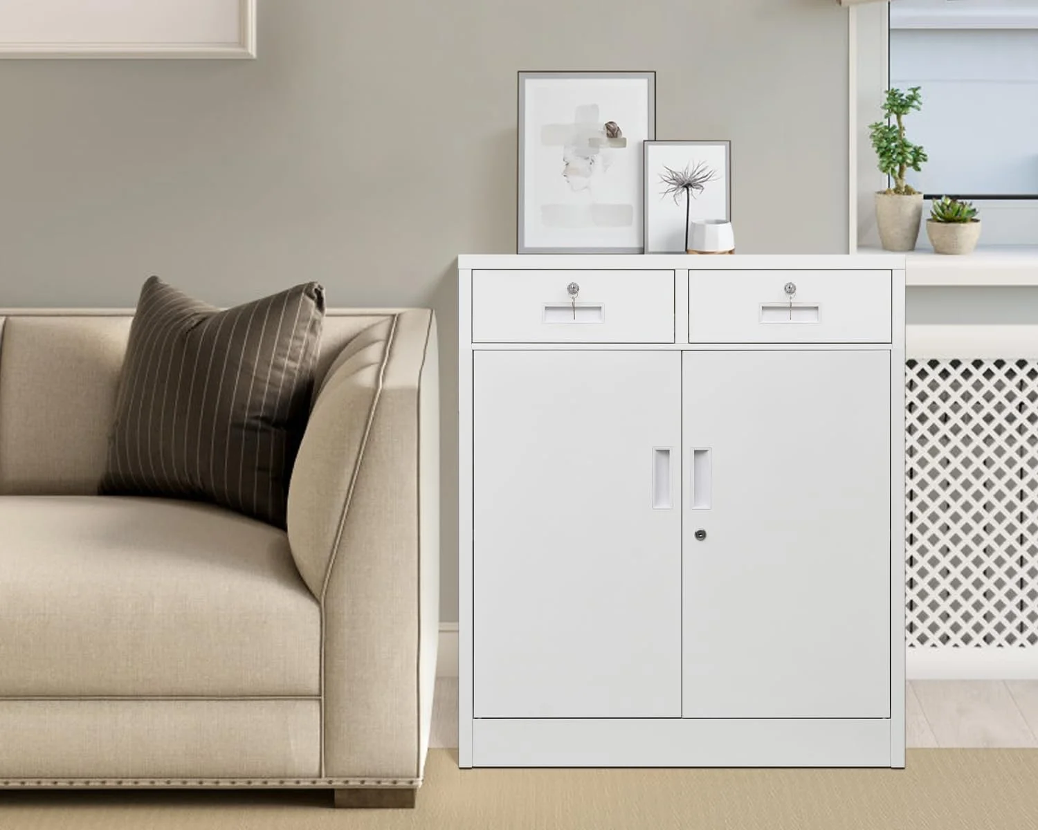 BESFUR Metal Garage Storage Cabinet with 2 Doors and 2 Drawers, Locking Stoage Cabinet for Garage, Classroom and Office - White - Image 5