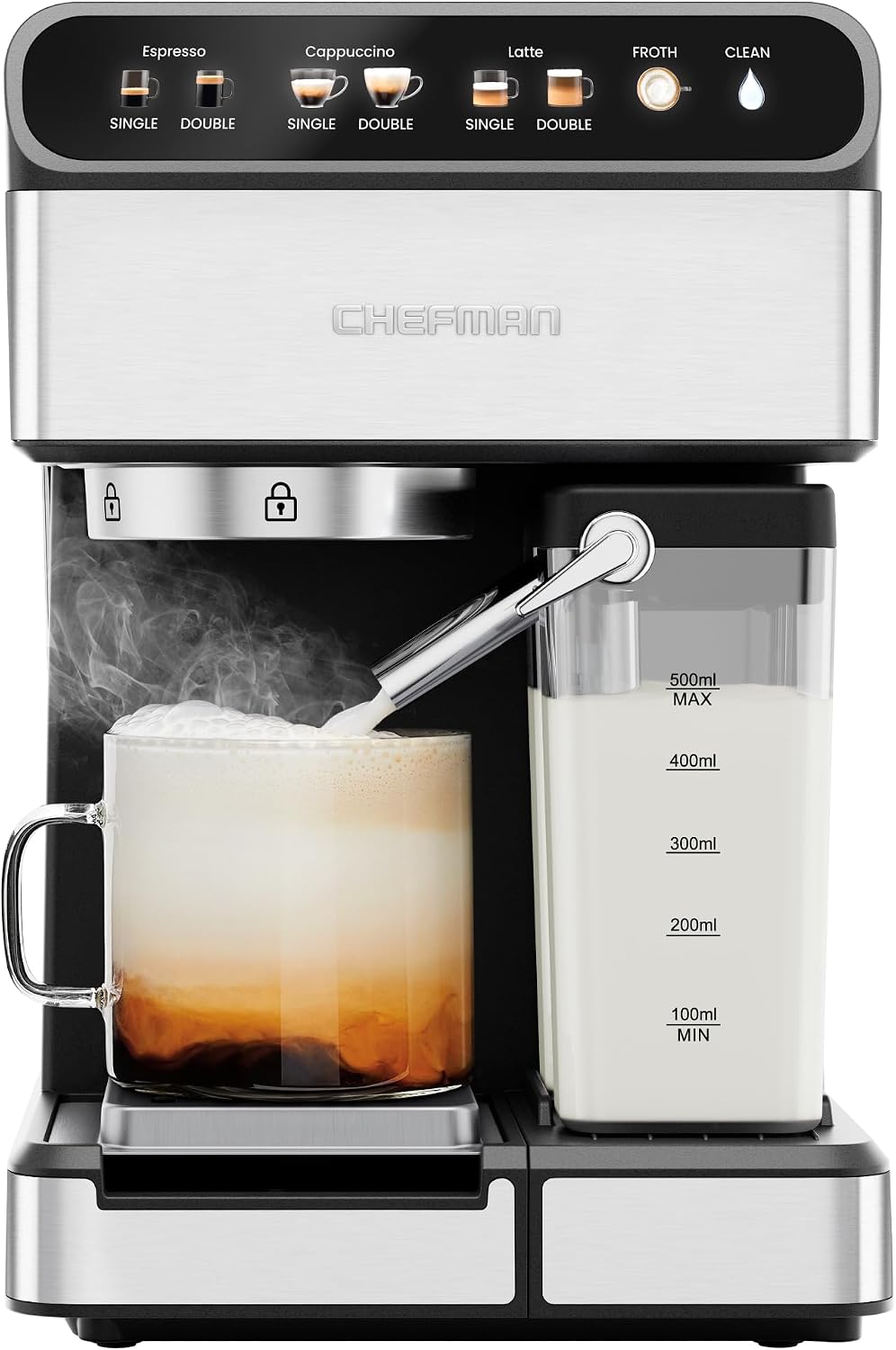 CaféMaster Pro Espresso Machine, Brew Single or Double Shots, Coffee Maker with Built-In Milk Frother for Cappuccino & Latte, XL 1.8 Liter Removable Water Reservoir - Stainless Steel - Image 2