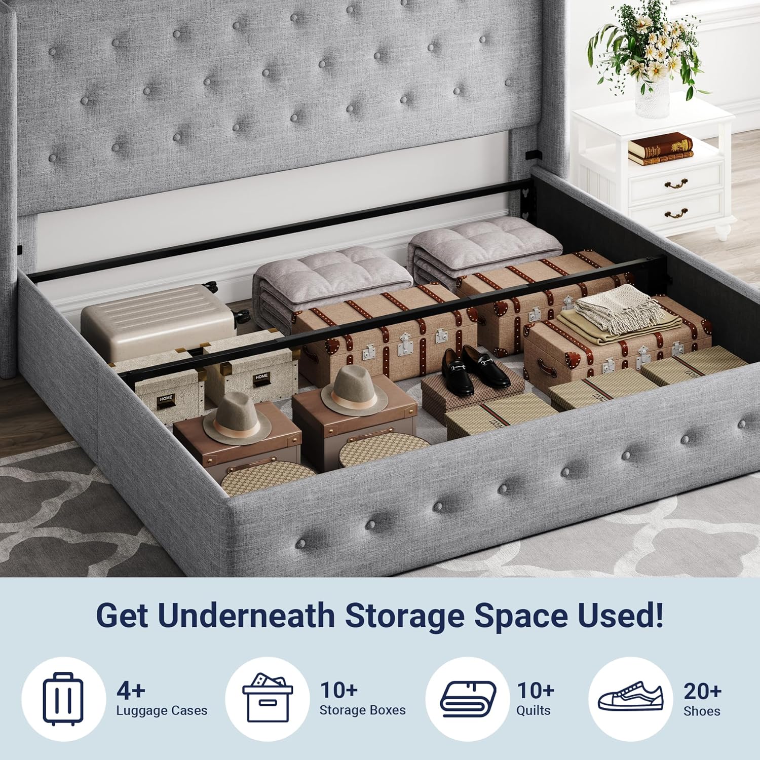 Queen Size Lift Up Storage Bed with Wingback Headboard, Upholstered Platform Bed Frame with Hidden Storage - Image 80