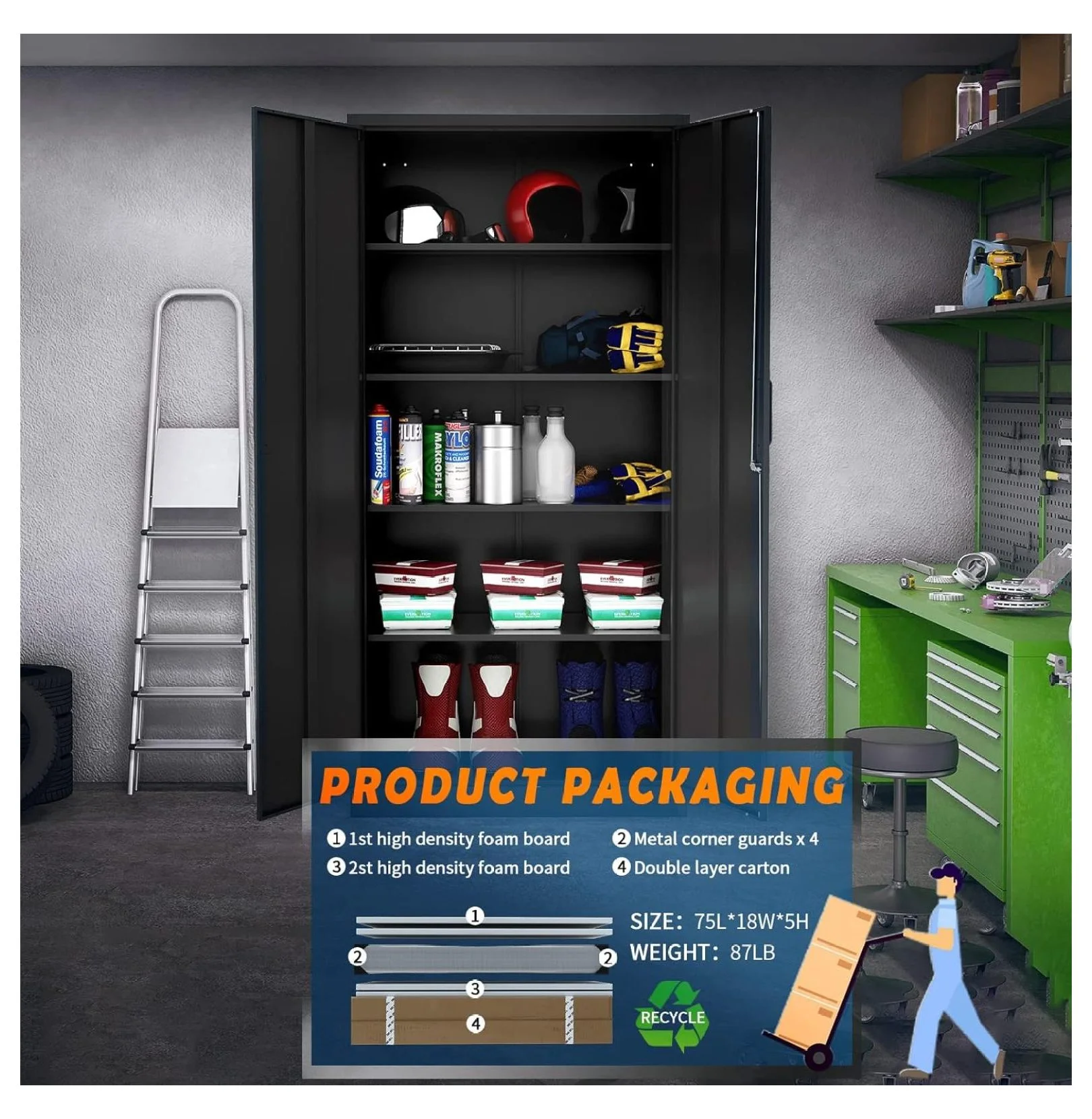 TiaGOC Metal Garage Storage Cabinet with 2 Doors and 5 Adjustable Shelves - 71" Steel Lockable File Cabinet,Locking Tool Cabinets for Office,Home,Garage,Gym,School (Black) - Image 3