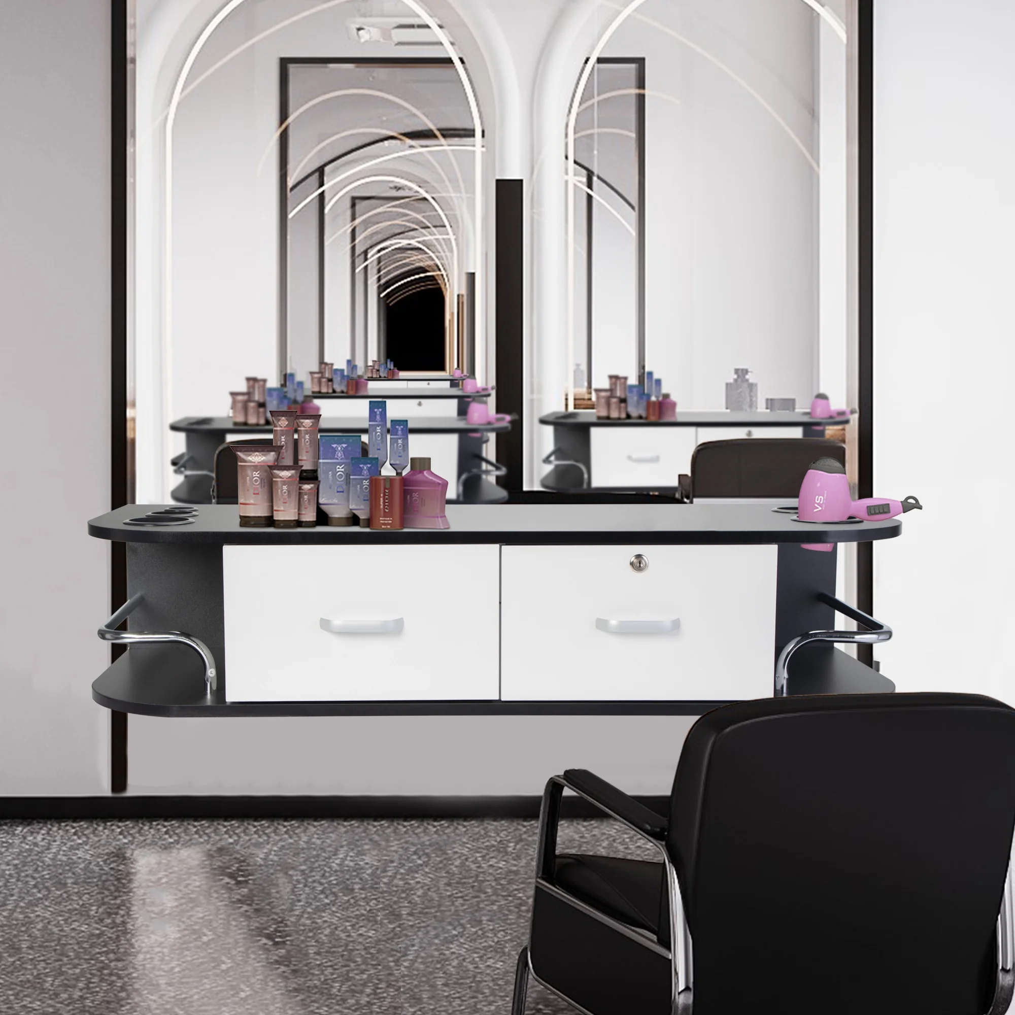 RESHABLE Modern Wall-Mounted Salon Station Barber Cabinet with Locking Drawer Storage Table for Hair Stylist Black - Image 25