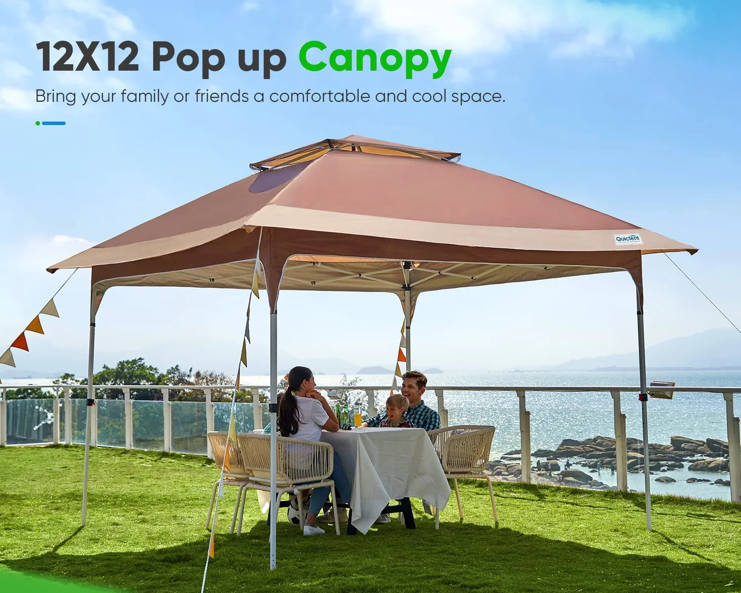Quictent Pop up Canopy 12 x 12, One Person Set up Portable Instant Folding Shelter, Outdoor Canopy Tent with Extra Shade for Backyard, Patio, Party - Tan/Brown - Image 2