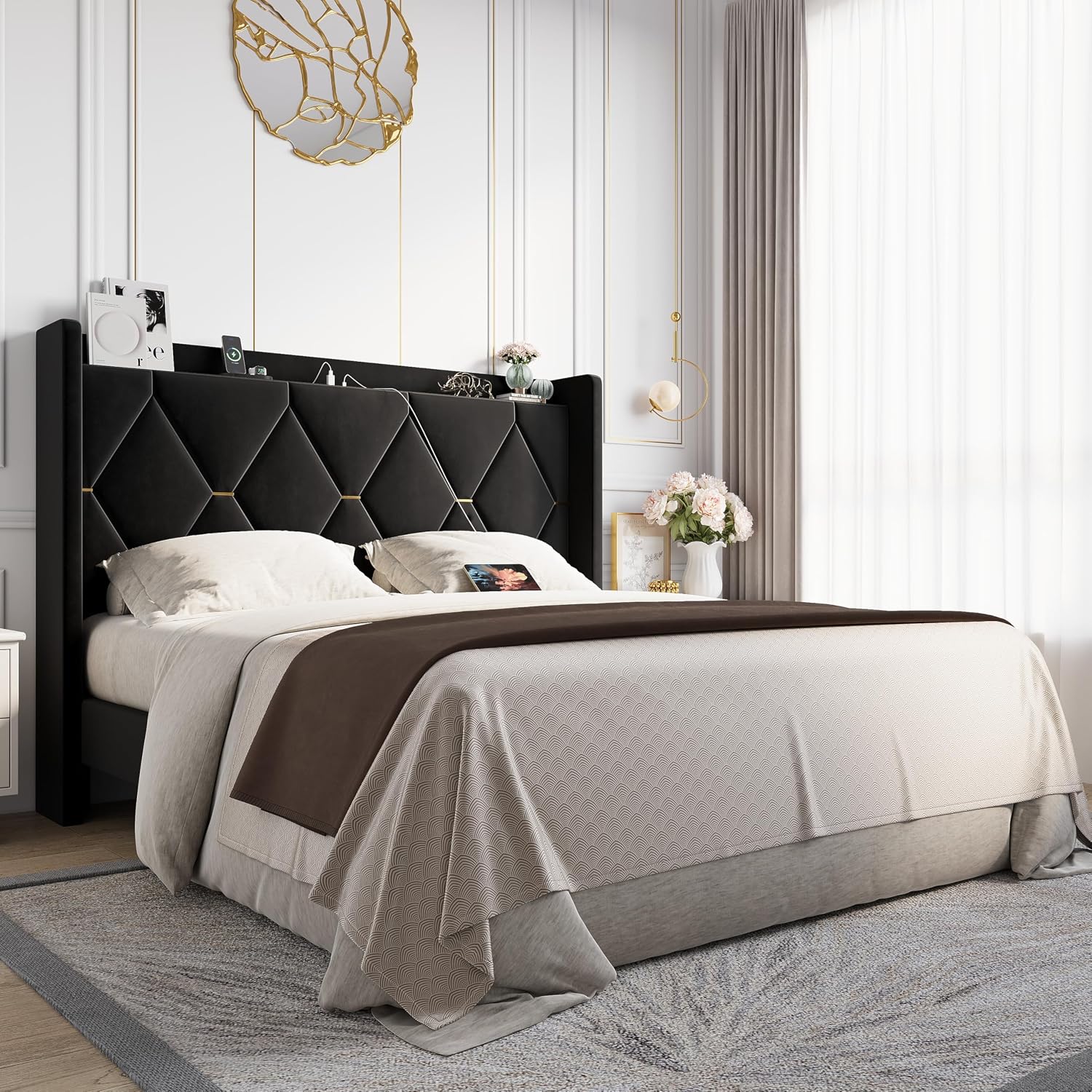 Queen Bed Frame with Storage Headboard & Smart Charging Station