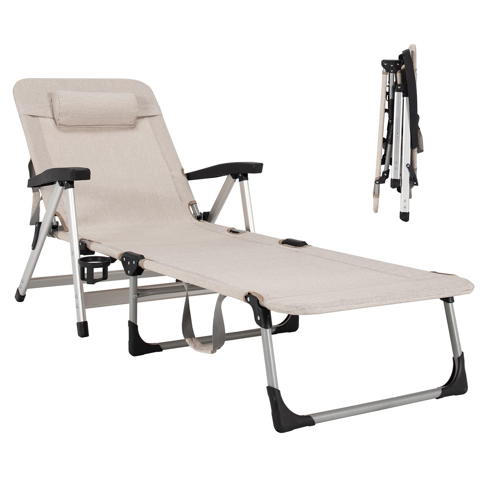Folding Outdoor Chaise Lounge Chair with Cup Holder and Detachable Headrest - Image 4