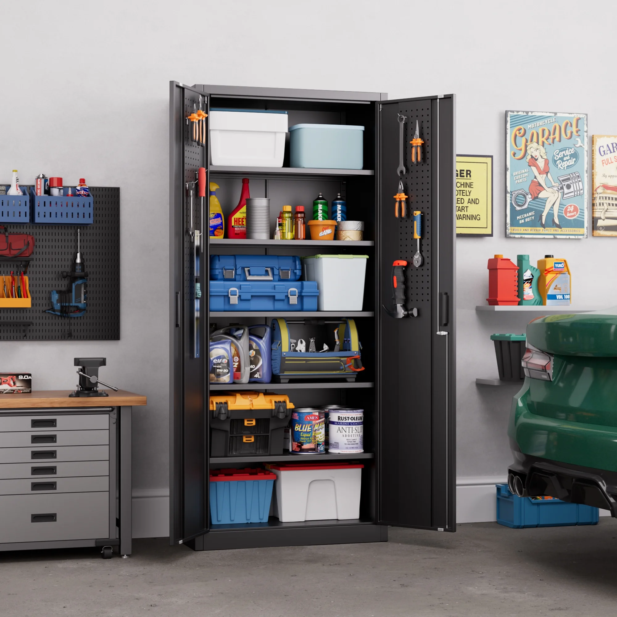 Aobabo Metal Storage Cabinet with Lock & Pegboard,Garage Storage Cabinet with 5 Adjustable Shelves,Tool Storage Cabinets for Home Office Garage,Assembly Required,Black - Image 64