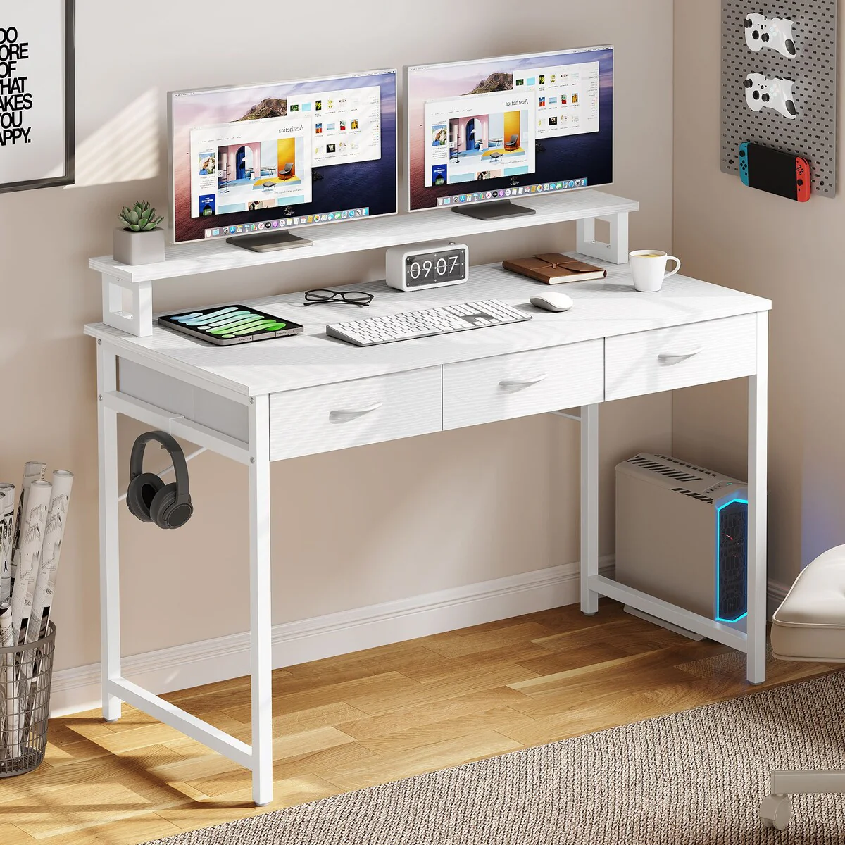 Small Computer Desk with Fabric Drawers and Monitor Stand, Compact Home Office Workstation for Small Spaces - Image 2