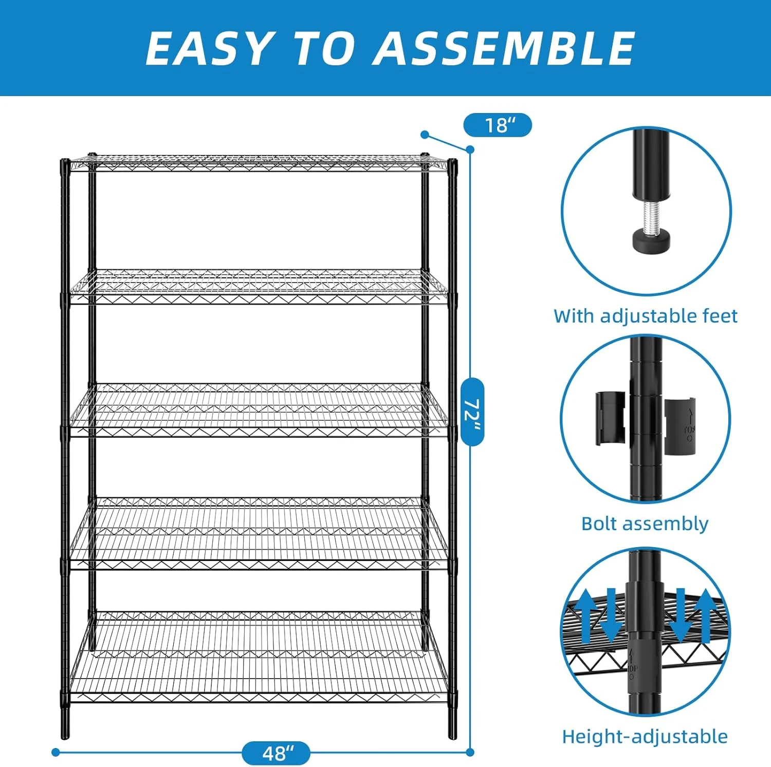 5-Tier Wire Storage Shelves, Adjustable Metal Heavy Duty Storage Rack for Office, Kitchen, Bedroom, Bathroom, Laundry, Pantry Basement, Garage, Black - Image 6