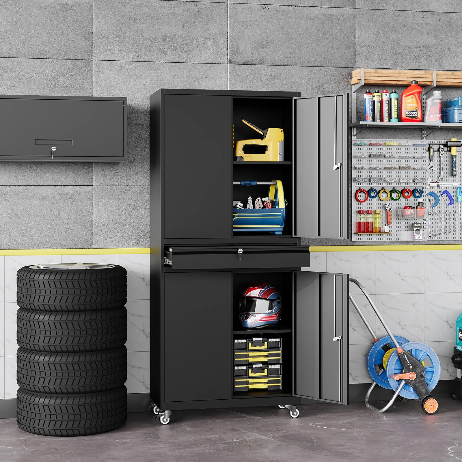 STANI Metal Garage Storage Cabinets with Drawer, 4 Doors Tool Storage Cabinet with 2 Adjustable Shelves, 73"H Rolling Steel Locking Cabinet for Garage Utility Room Home Office (Black, 4 Wheel) - Image 11