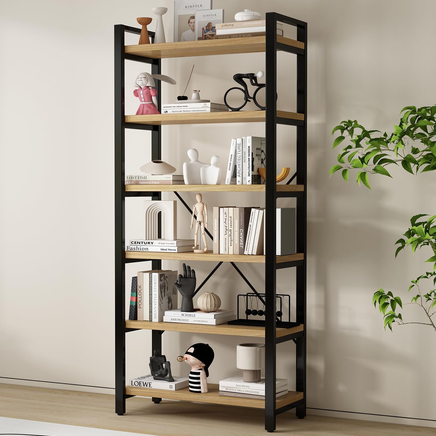 5-Tier Bookcase, Rustic Vintage Industrial Etagere Bookshelf, Solid Wood & Metal Freestanding Bookcase, Retro Brown - Image 7