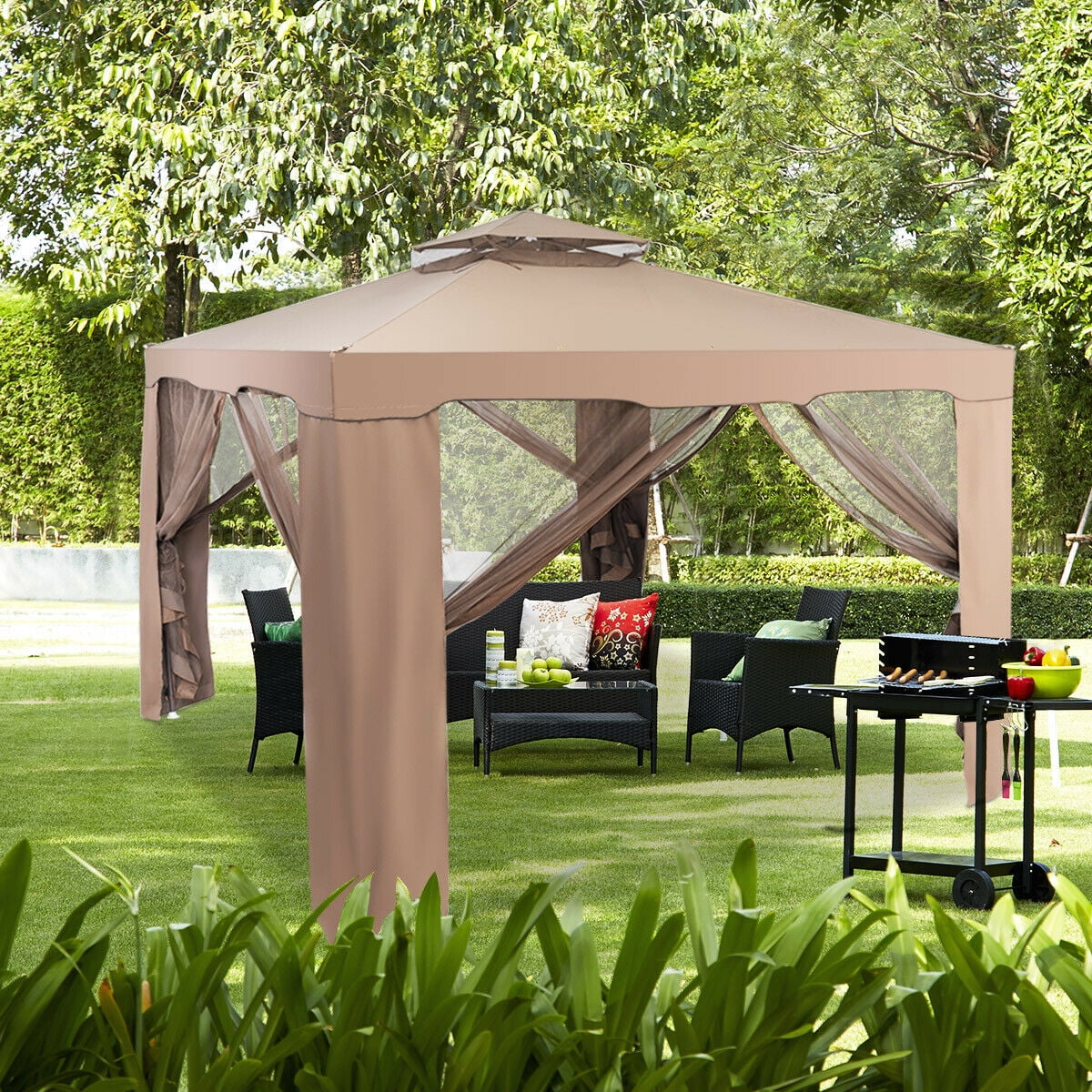Gymax 10'x 10' Canopy Gazebo Shelter W/Mosquito Netting Outdoor Patio Beige - Image 12