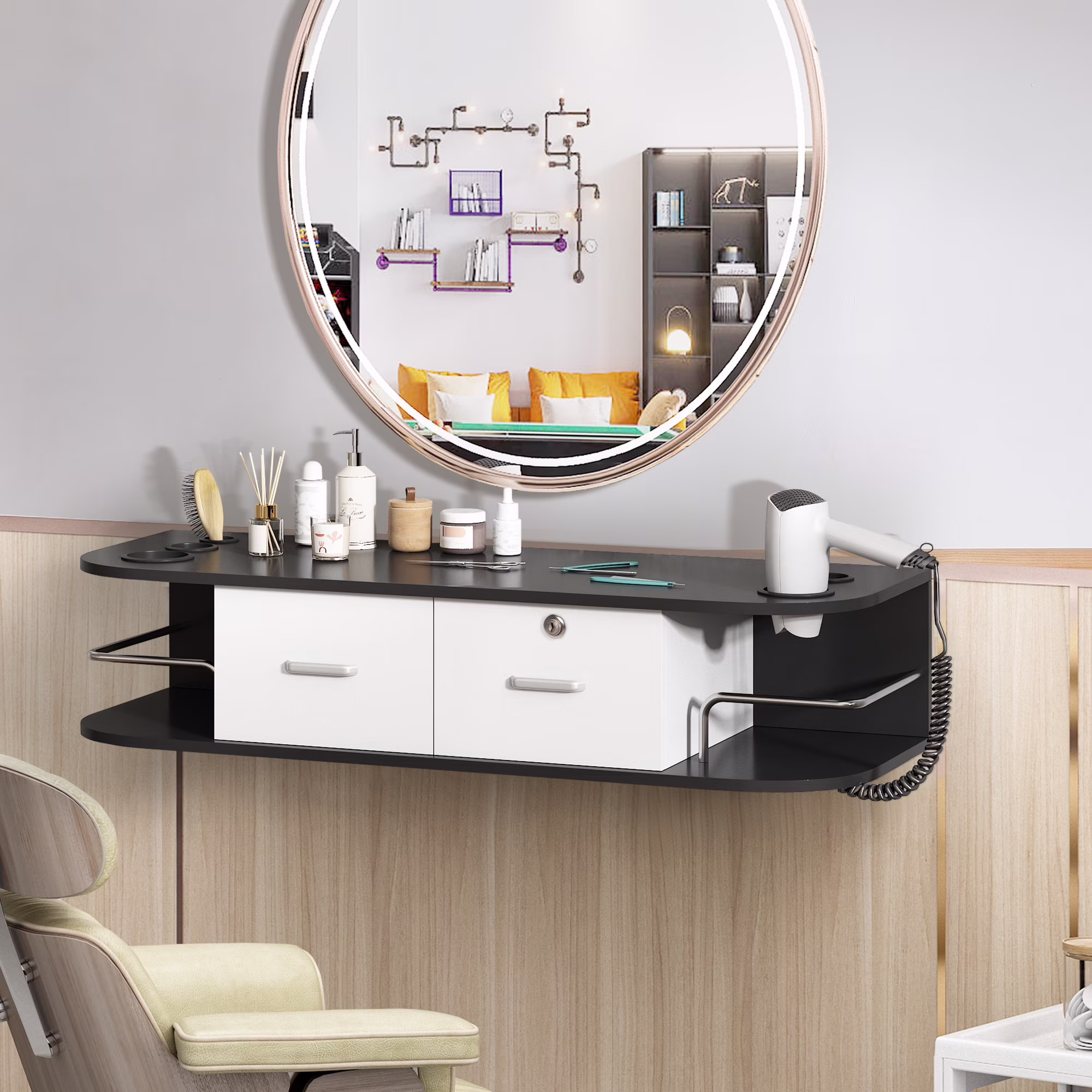 RESHABLE Modern Wall-Mounted Salon Station Barber Cabinet with Locking Drawer Storage Table for Hair Stylist Black - Image 5