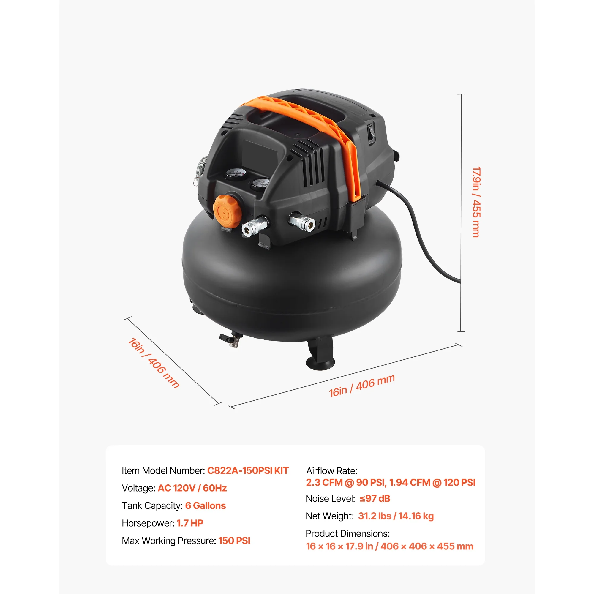 KFFKFF 6-Gallon Portable Air Compressor, 1.7HP Motor, 2.3CFM@90PSI, 150PSI Max Pressure, Includes 12-Piece Accessory Kit and 25FT Air Hose for Tire Inflation, Painting, and Woodworking - Image 3