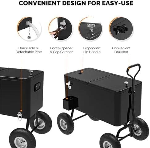 80 Quart Wagon Rolling Cooler Ice Chest, /Long Handle and 10" Wheels, Portable Beach Patio Party Bar Cold Drink Beverage, Outdoor Park Cart on Wheels - Image 19