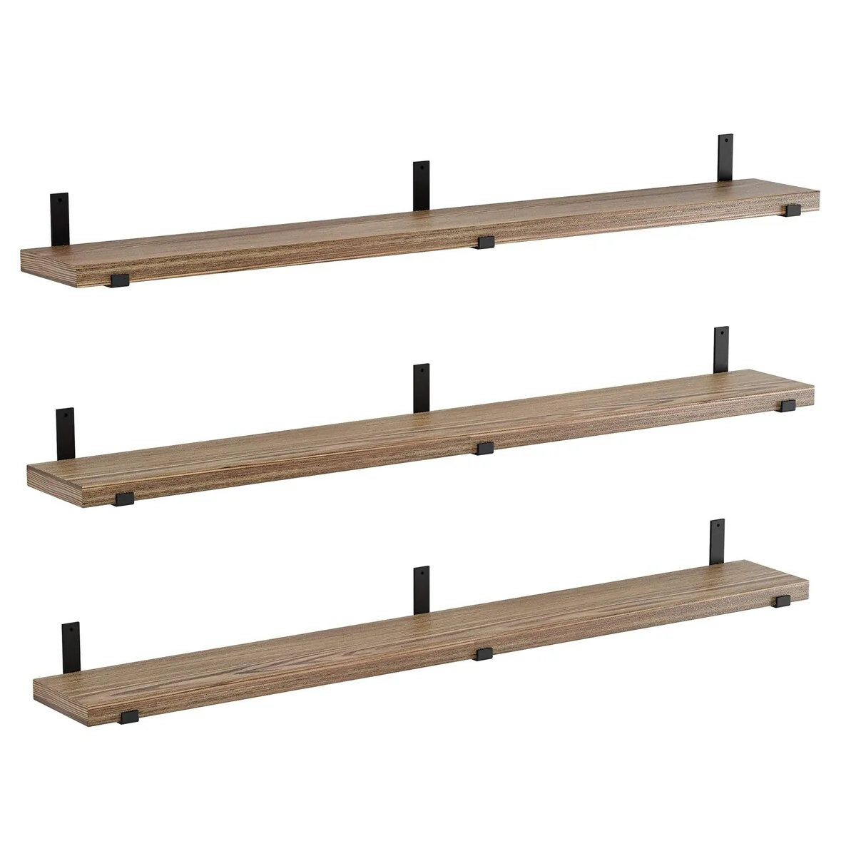 72 Inch Floating Wood Wall Shelves, Set of 3 Burnt Wood Display and Storage Shelves for Home Decor - Image 5