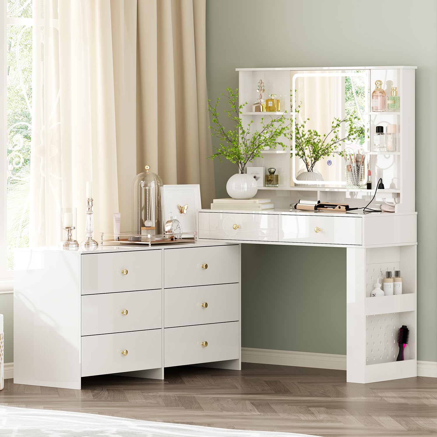 Makeup Vanity Desk with Mirror and Lights, Vanity Desk with 8 Drawers & Storage Shelves, Vanity Table with Power Outlet, 3 Color Modes & Adjustable Brightness Dressing Table, Bedroom, White