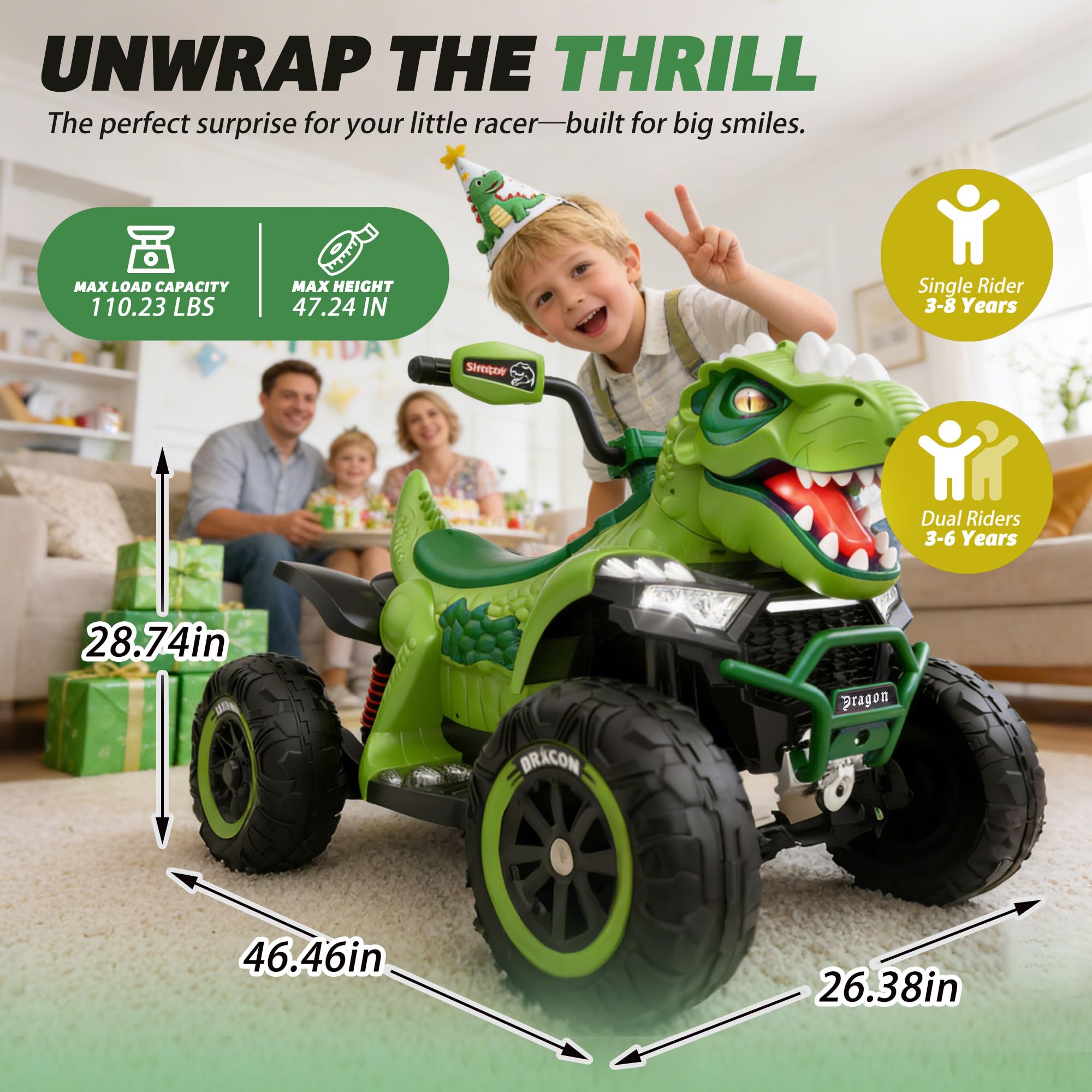 24V 2 Seater Kids ATV, Dinosaur Toys w/Parents Control, XL 4 Wheeler - Image 3