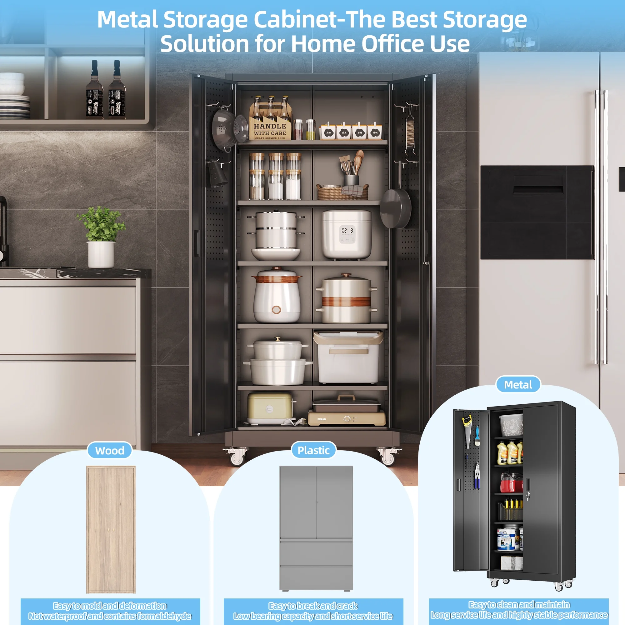 Gaeanet Rolling Tool Storage Cabinet with 5 Adjustable Shelves and Pegboard,Metal Garage Storage Cabinet with Wheels for Garage Home Office Utility Room,71" H-32" W-16" D,Required Assembly, Black - Image 8