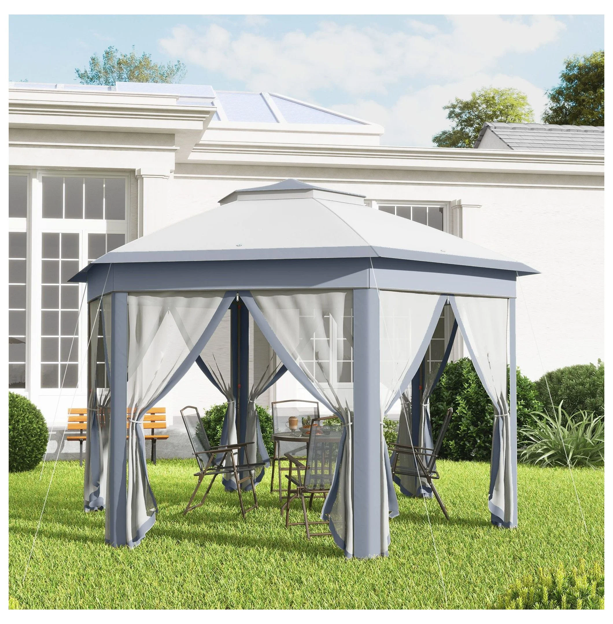 SAZYY 13'x13' Pop Up Gazebo Hexagonal Canopy Shelter with 6 Zippered Mesh Netting for Patio Backyard Garden Wedding Party - Image 2