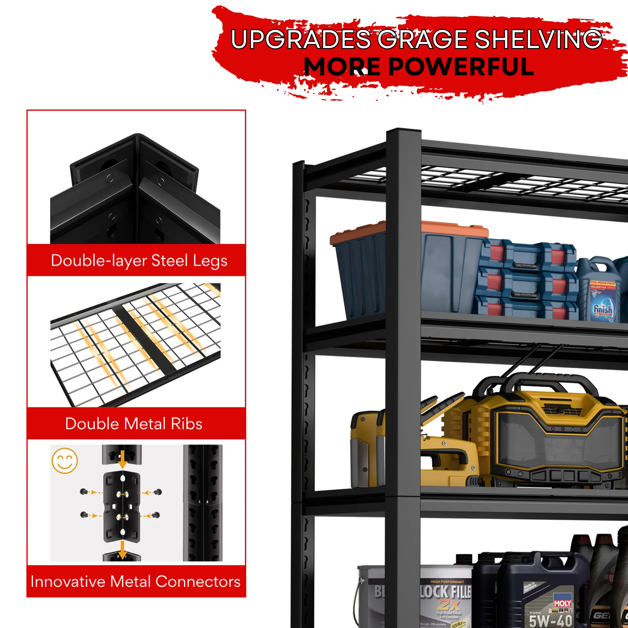 Prilinex 2500LBS Metal Storage Shelves Wire Shelving Unit Garage Storage Rack 47"W x 18"D x 72"H Heavy Duty Industrial Shelving - Image 2