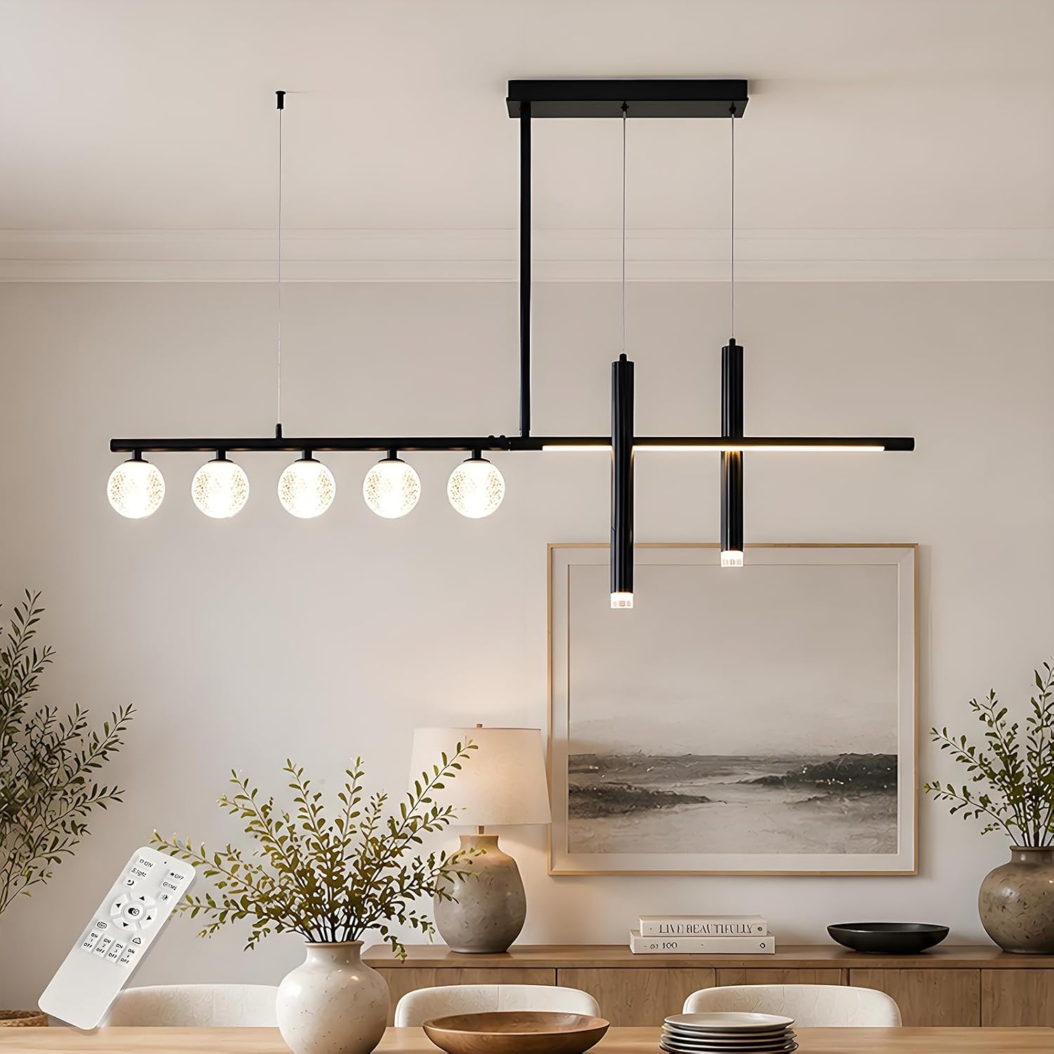 Modern Linear Chandelier, Dimmable LED Pendant Light with Remote - Image 10